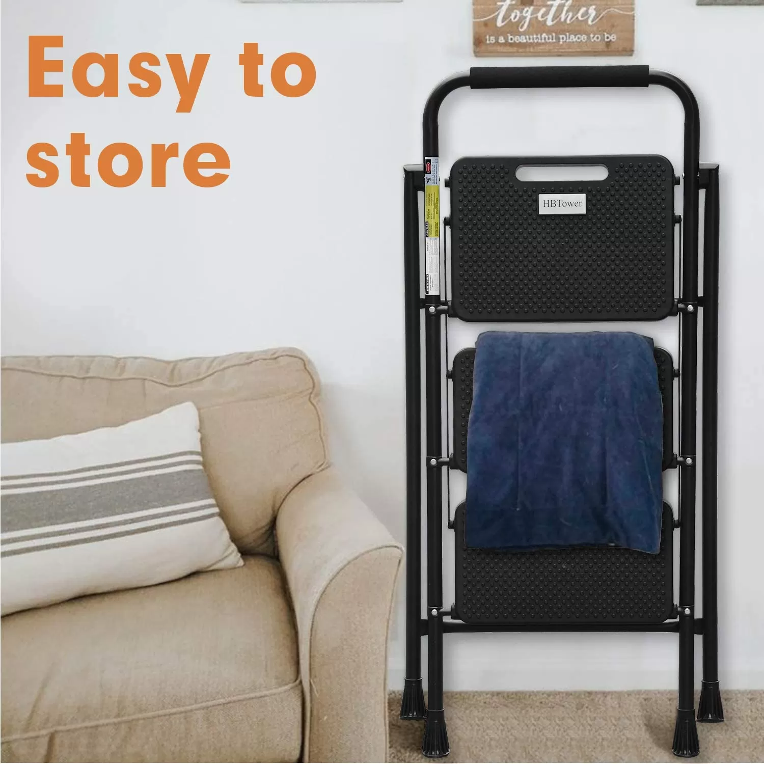 4 Step Ladder, HBTower Folding Step Stool with Tool Platform, Wide Anti-Slip Pedal, Sturdy Steel Ladder, Convenient Handgrip, Lightweight 330lbs Portable Steel Step Stool, Black