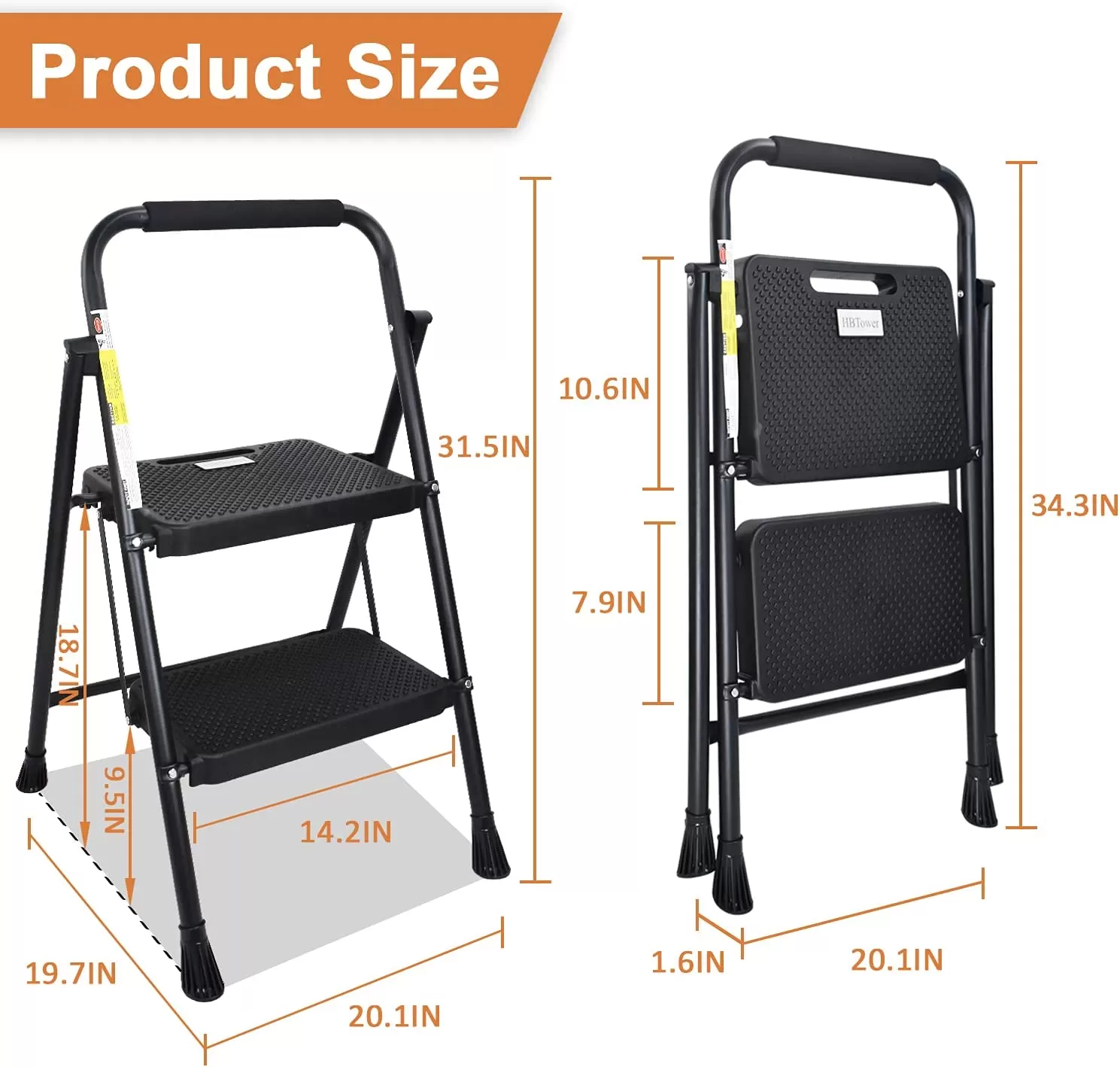 4 Step Ladder, HBTower Folding Step Stool with Tool Platform, Wide Anti-Slip Pedal, Sturdy Steel Ladder, Convenient Handgrip, Lightweight 330lbs Portable Steel Step Stool, Black