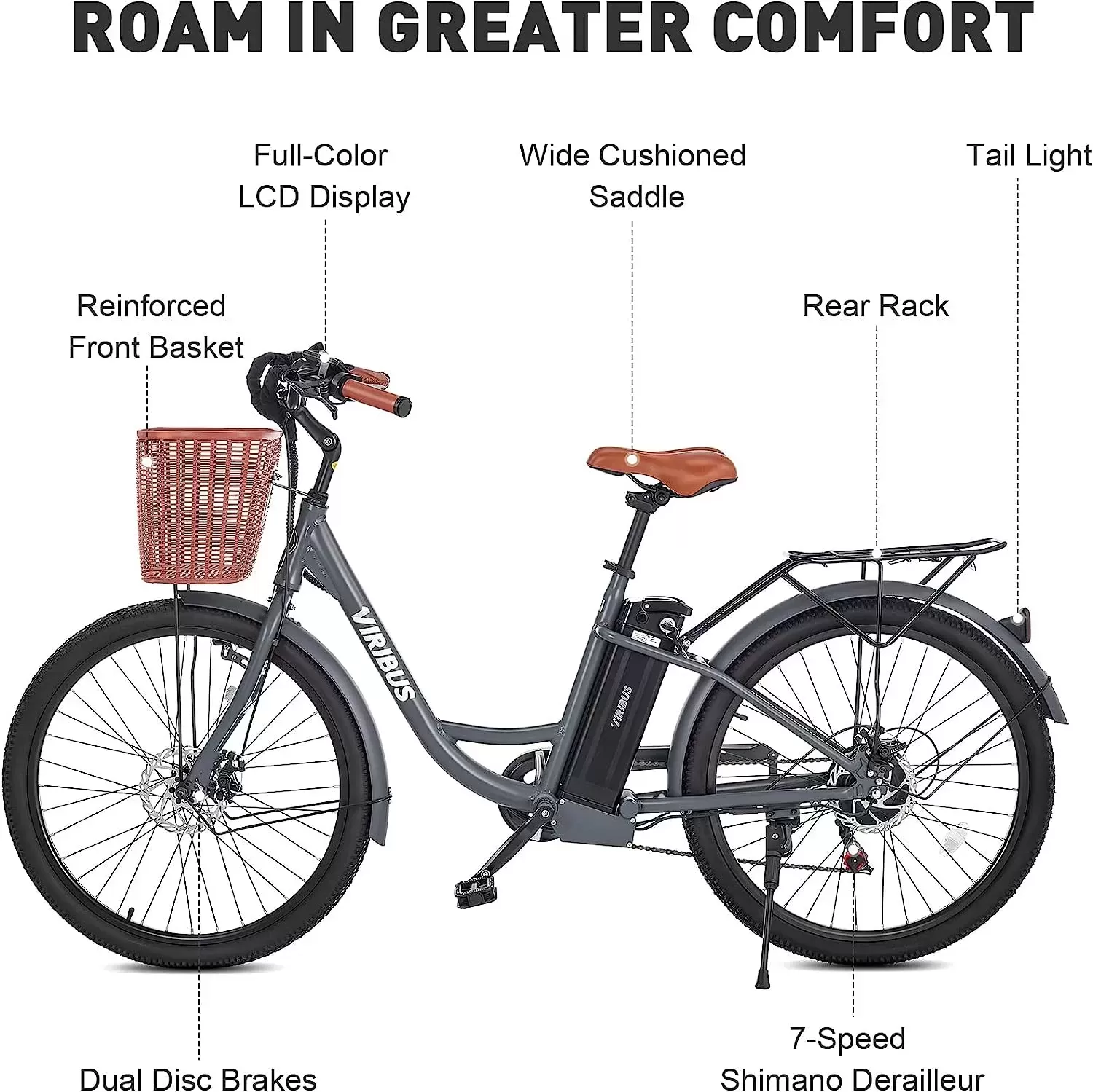 Viribus Electric Bike, Electric Cruiser Bike Adults Women, 25mph 40+ Mile Range 26