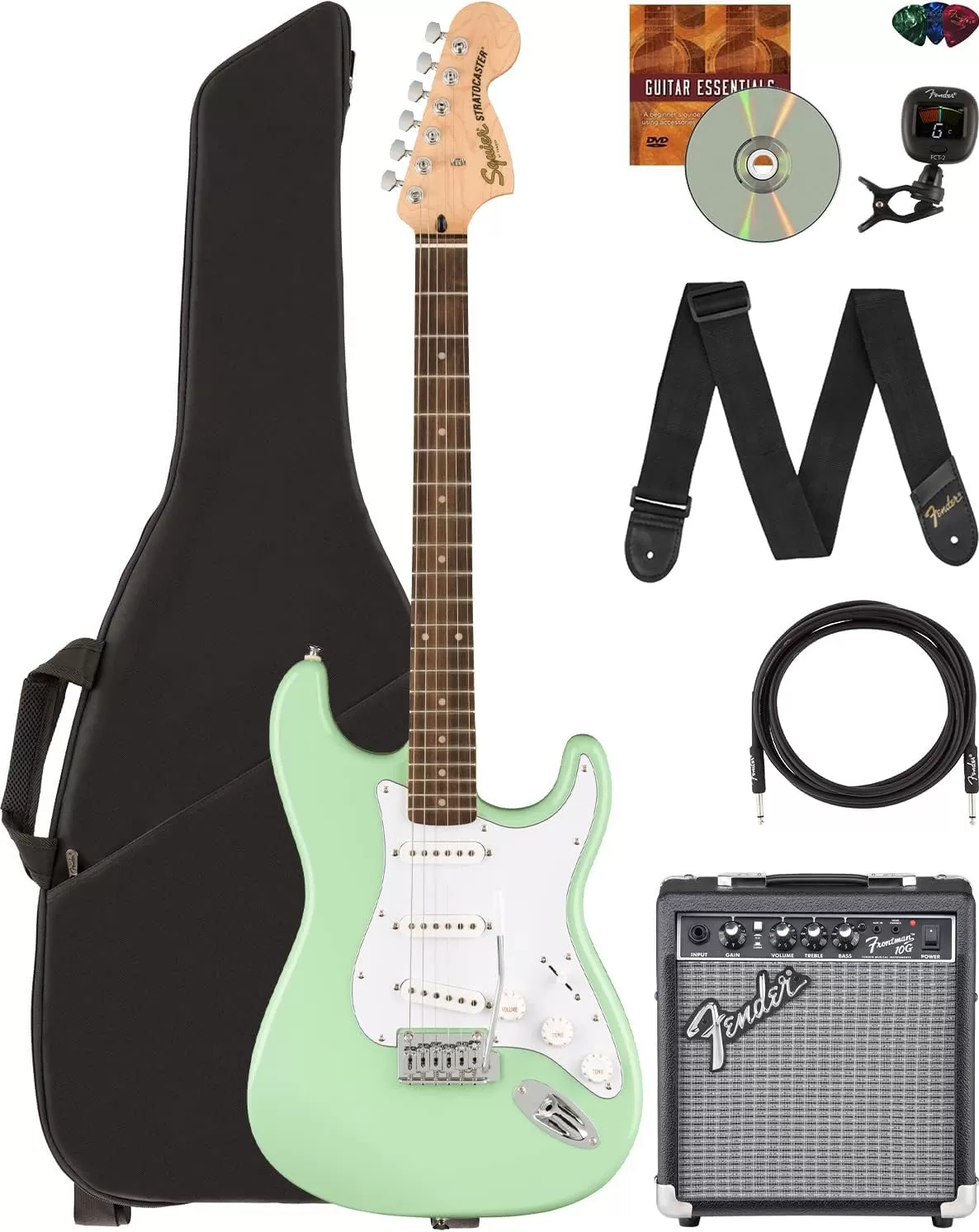 Fender Squier Stratocaster - Sunburst Bundle with Frontman 10G Amp, Gig Bag, Instrument Cable, Tuner, Strap, Picks, Fender Play Online Lessons, Instructional Book, and Austin Bazaar Instructional DVD