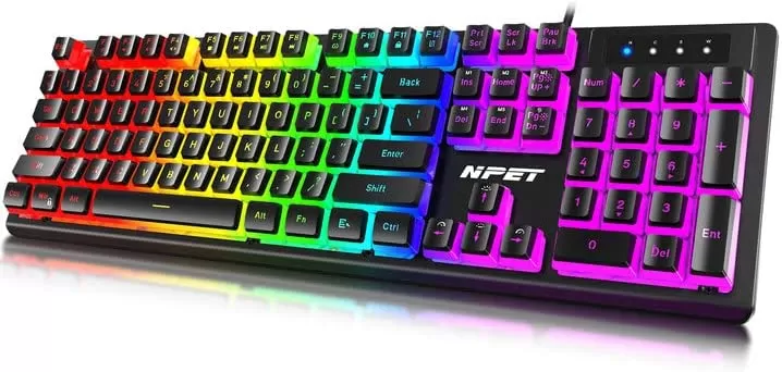 NPET K10 Wired Gaming Keyboard, LED Backlit, Spill-Resistant Design, Multimedia Keys, Quiet Silent USB Membrane Keyboard for Desktop, Computer, PC (Black)