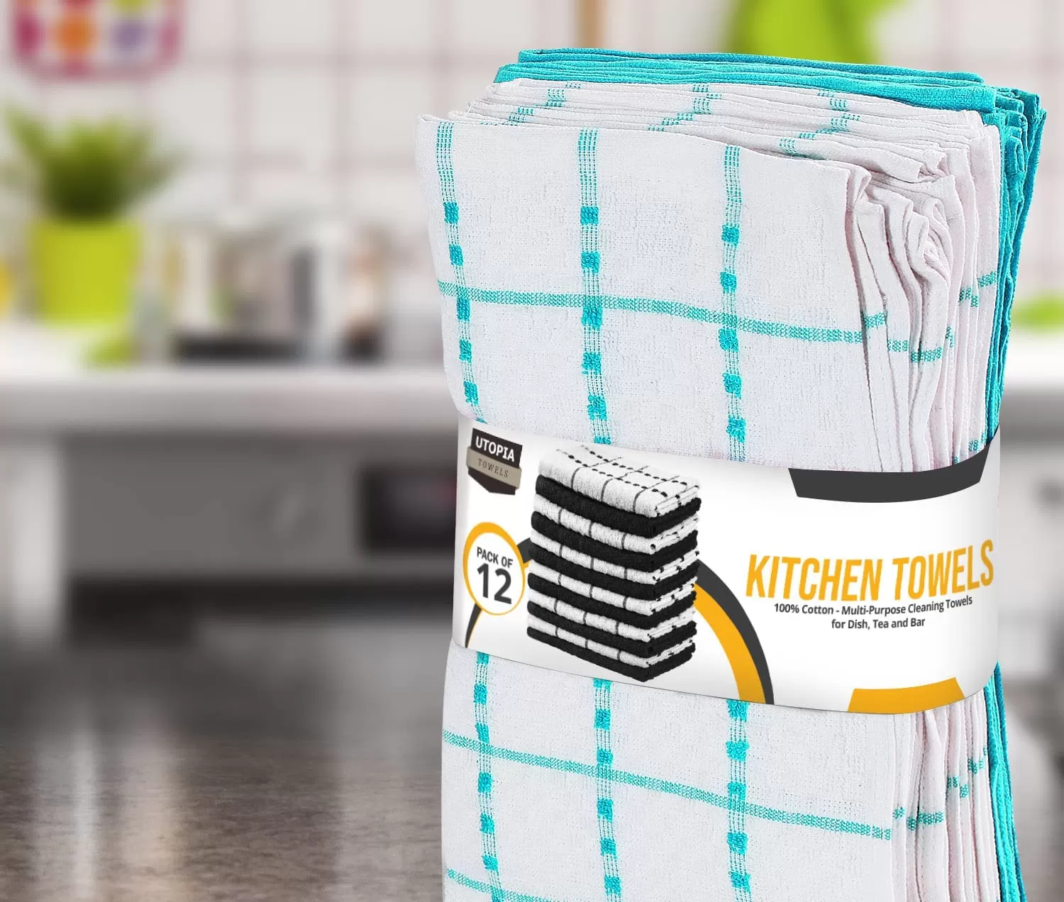 Kitchen Towels 12 Pack, 15 x 25 Inches, 100% Ring Spun Cotton Super Soft and Absorbent Linen Dish Towels, Tea Towels and Bar Towels Set (Black)