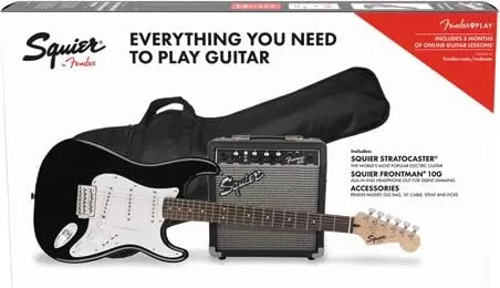 Fender Squier Stratocaster - Sunburst Bundle with Frontman 10G Amp, Gig Bag, Instrument Cable, Tuner, Strap, Picks, Fender Play Online Lessons, Instructional Book, and Austin Bazaar Instructional DVD