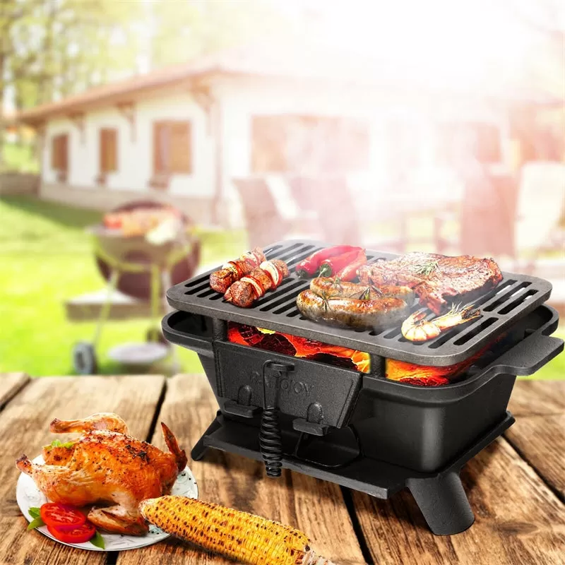 Portable Cast Iron Charcoal Grill with Double-sided Grilling Net for Camping Picnic