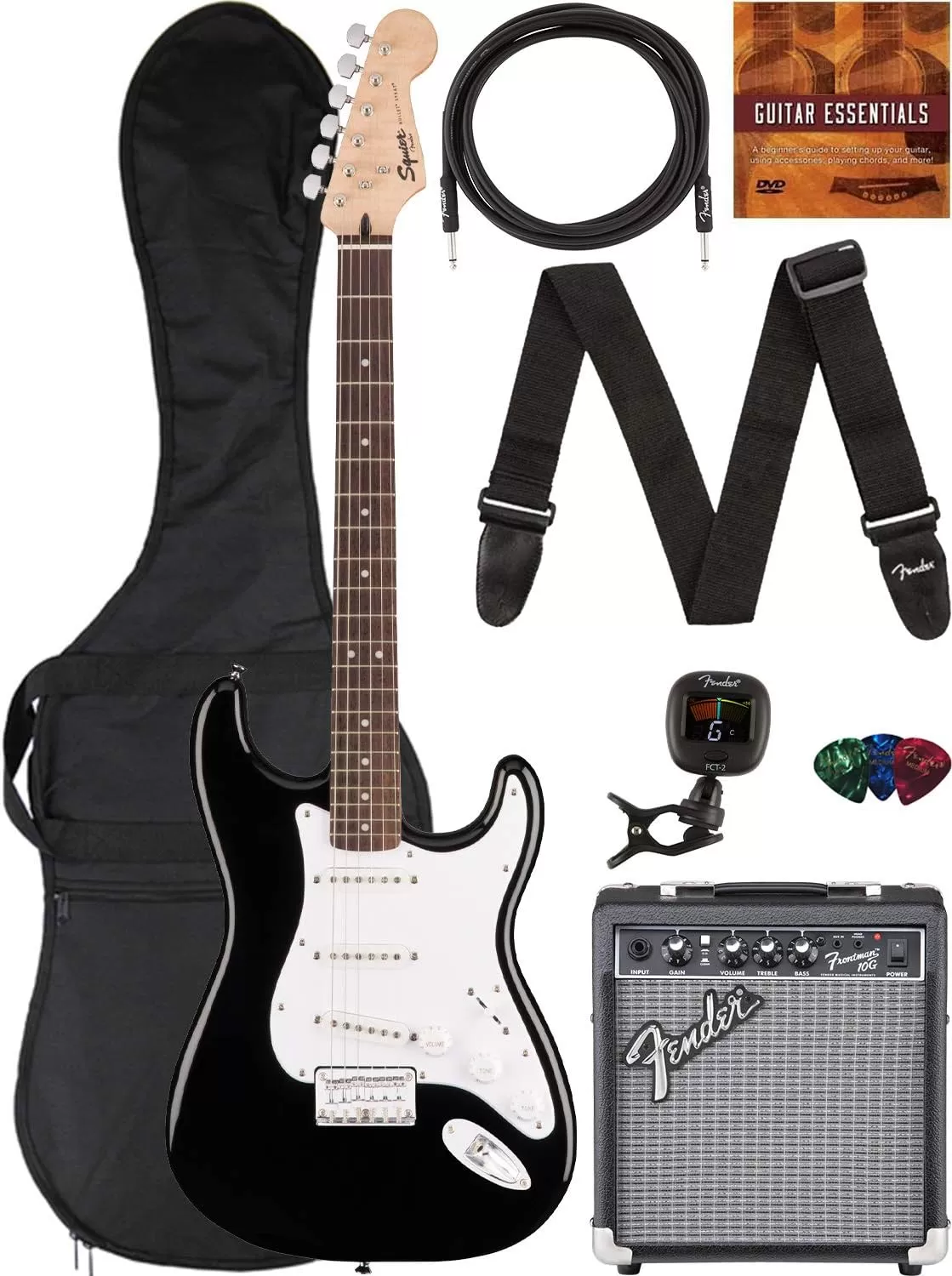 Fender Squier Stratocaster - Sunburst Bundle with Frontman 10G Amp, Gig Bag, Instrument Cable, Tuner, Strap, Picks, Fender Play Online Lessons, Instructional Book, and Austin Bazaar Instructional DVD