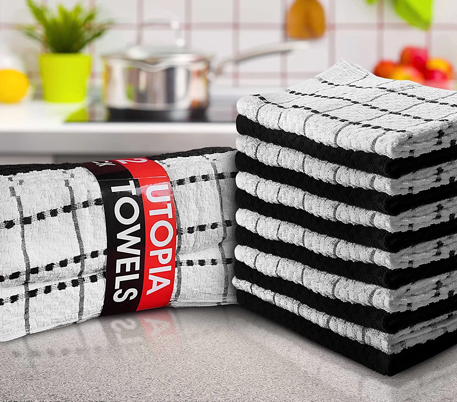Kitchen Towels 12 Pack, 15 x 25 Inches, 100% Ring Spun Cotton Super Soft and Absorbent Linen Dish Towels, Tea Towels and Bar Towels Set (Black)