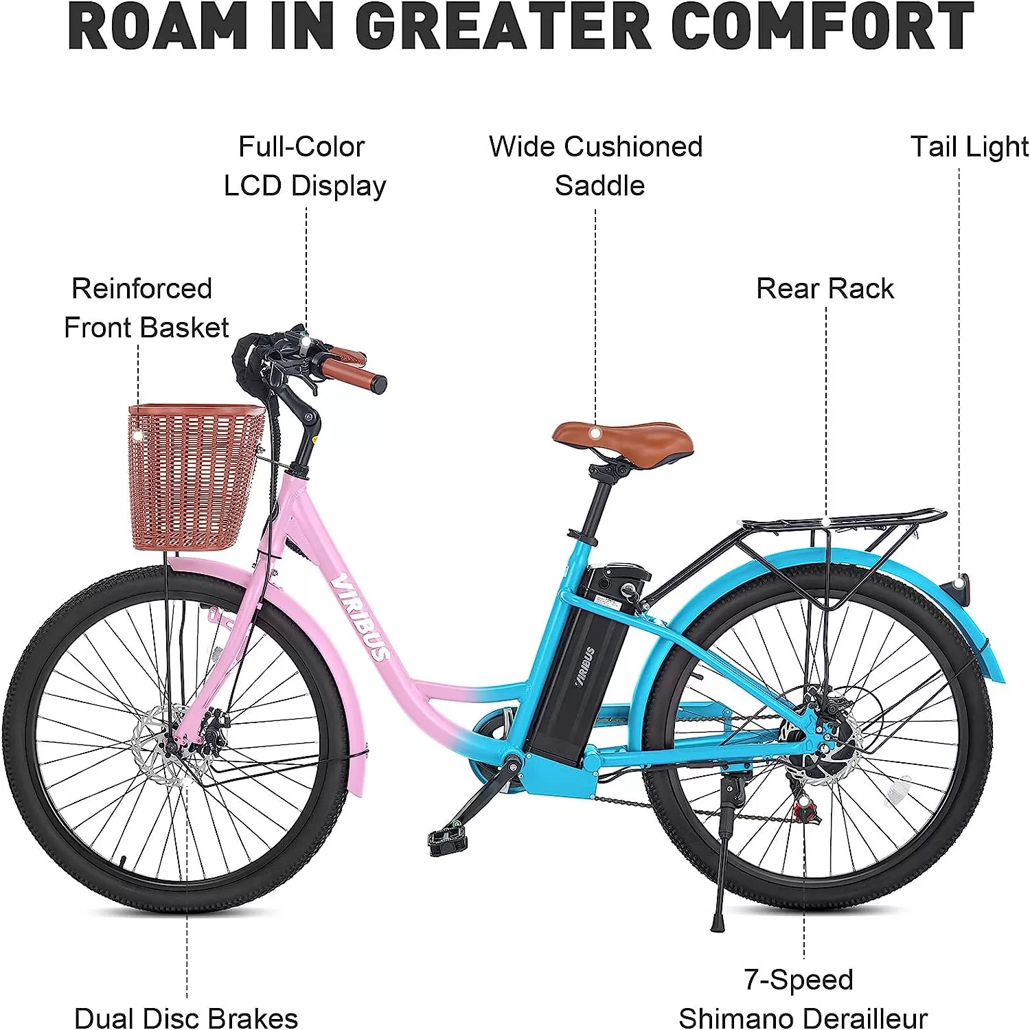 Viribus Electric Bike, Electric Cruiser Bike Adults Women, 25mph 40+ Mile Range 26