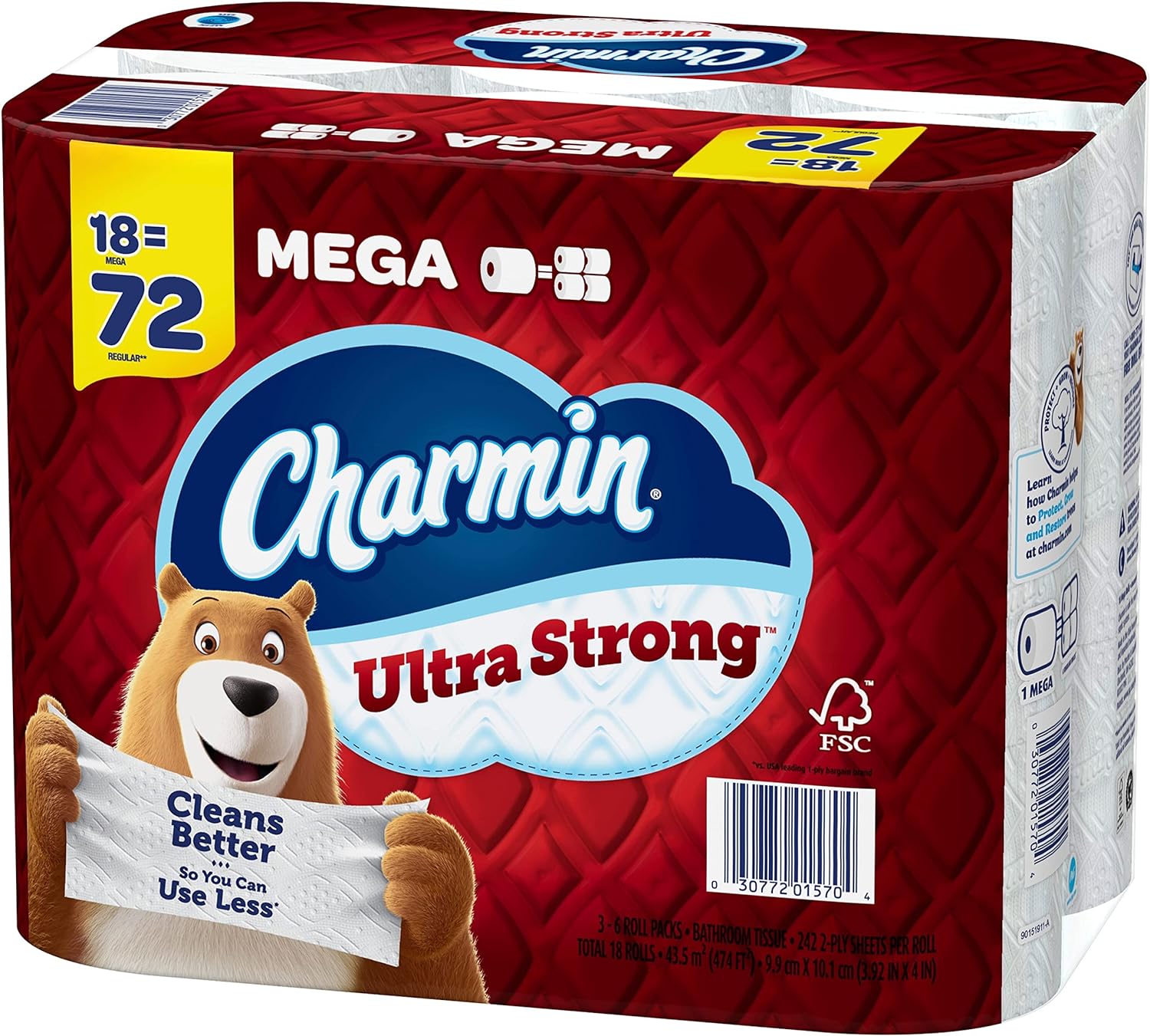 Charmin Ultra Strong Clean Touch Toilet Paper, 18 Family Mega Rolls = 90 Regular Rolls