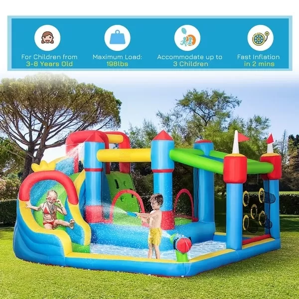 6-in-1 Inflatable Water Slide, Kids Castle Bounce House Includes Slide, Trampoline, Pool, Water Gun, Climbing Wall