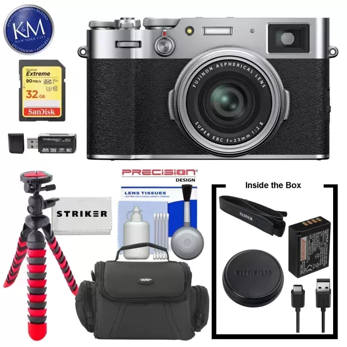 FUJIFILM X100V Digital Camera | Silver with 32GB Memory Card, Cleaning Kit, Flexible Tripod & Camera Bag Bundle