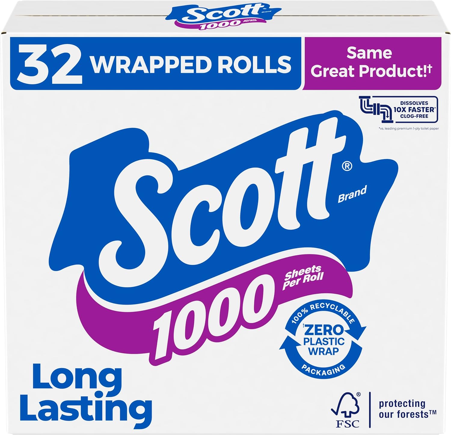 Scott 1000 Toilet Paper, 32 Rolls, Septic-Safe, 1-Ply Toilet Tissue