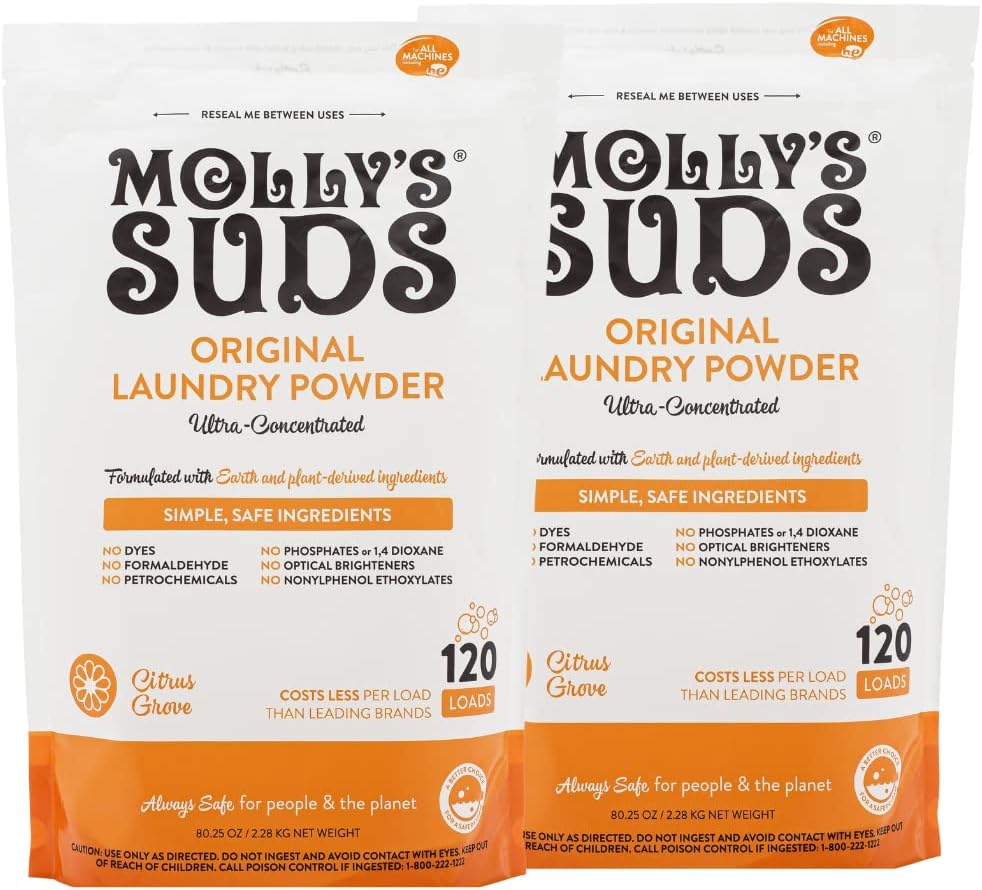 Molly's Suds Original Laundry Detergent Powder | Natural Laundry Detergent Powder for Sensitive Skin | Earth-Derived Ingredients, Stain Fighting | 120 Loads (Citrus Grove)