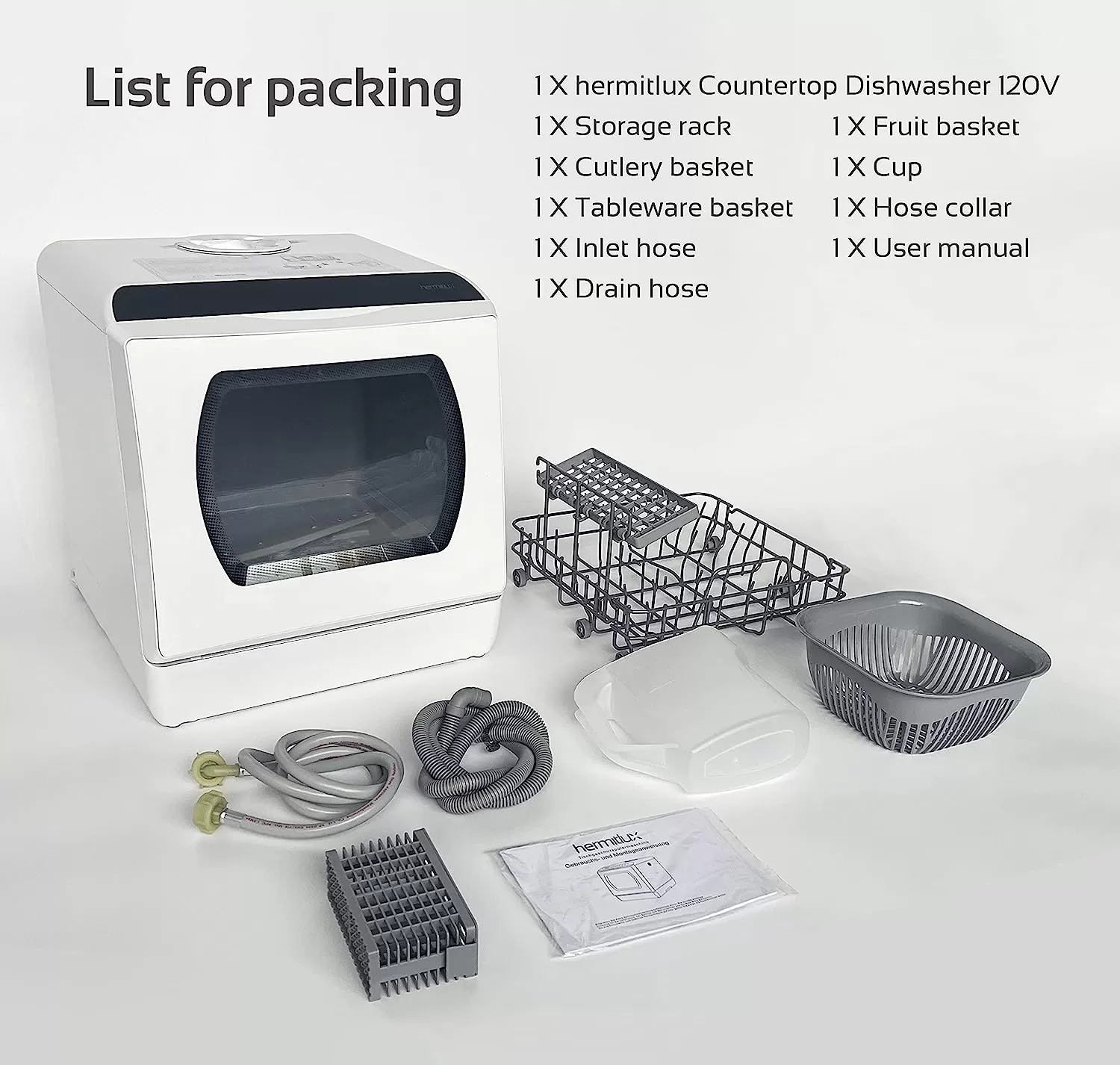 Hermitlux Countertop Dishwasher, 5 Washing Programs Portable Dishwasher With 5-Liter Built-in Water Tank, No Hookup Needed