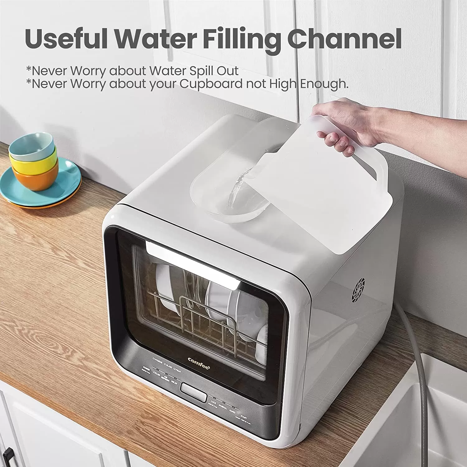 COMFEE' Portable Dishwasher Countertop, Mini Dishwasher with 5L Built-in Water Tank, No Hookup Needed, 6 Programs, 360° Dual Spray, 192°F High-Temp& Air-Dry Function, Dishwasher for Apartments& RVs