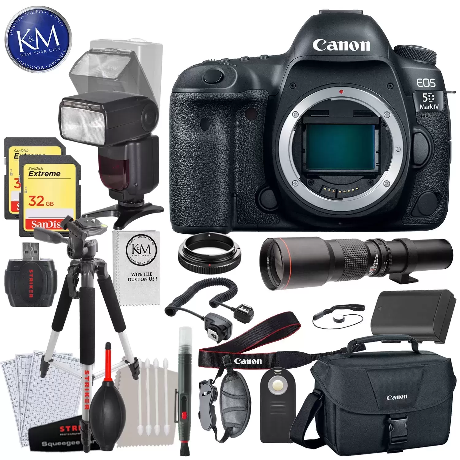 Canon EOS 5D Mark IV DSLR Camera (Body) w/ 64GB Memory and 500mm Lens Striker Deluxe Bundle