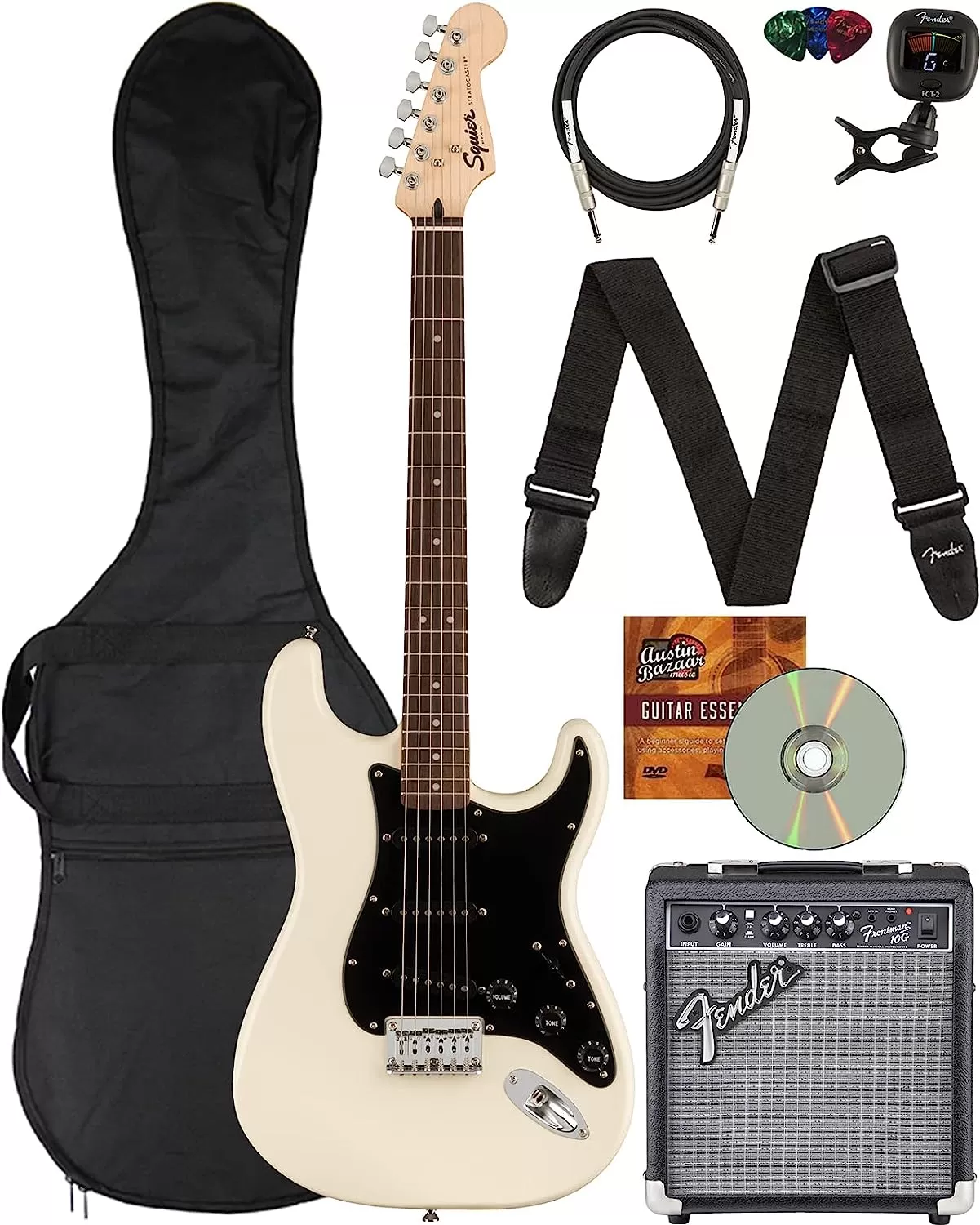 Fender Squier Stratocaster - Sunburst Bundle with Frontman 10G Amp, Gig Bag, Instrument Cable, Tuner, Strap, Picks, Fender Play Online Lessons, Instructional Book, and Austin Bazaar Instructional DVD