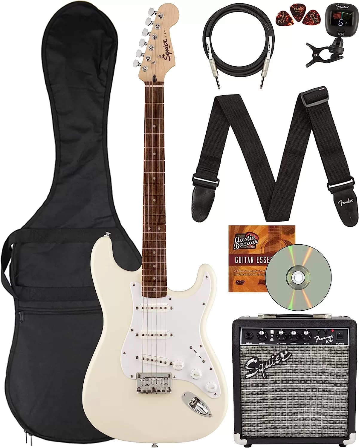 Fender Squier Stratocaster - Sunburst Bundle with Frontman 10G Amp, Gig Bag, Instrument Cable, Tuner, Strap, Picks, Fender Play Online Lessons, Instructional Book, and Austin Bazaar Instructional DVD