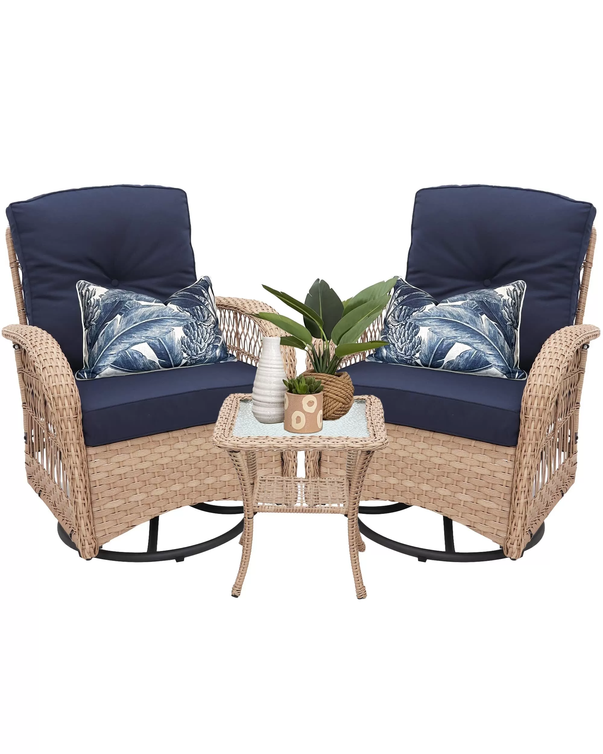 Outdoor Swivel Rocker Patio Chairs Set of 2 and Matching Side Table - 3 Piece Wicker Patio Bistro Set with Premium Fabric Cushions Outdoor Furniture (Dark Wicker Chair Beige Cushion)