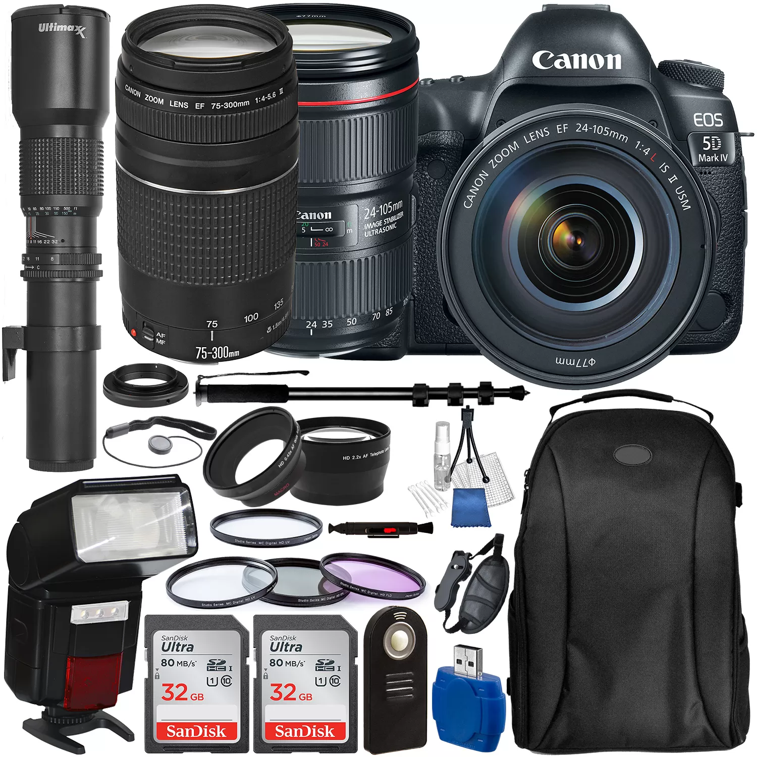 Canon EOS 5D Mark IV DSLR Camera With 24-105mm F/4L II Lens, EF 75-300mm F/4-5.6 III Lens, Ultimaxx 500mm Preset Lens And Accessory Bundle