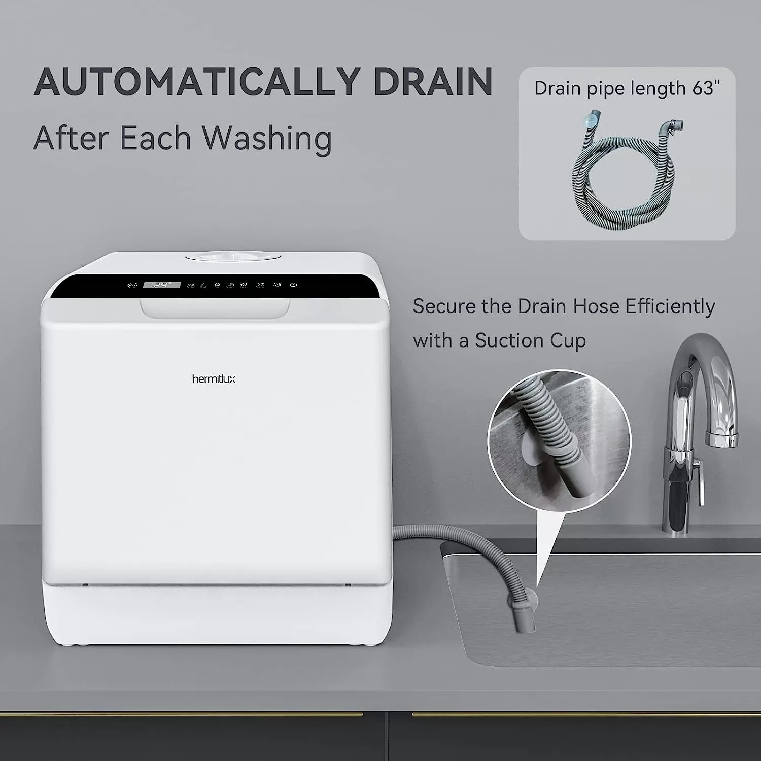 Hermitlux Countertop Dishwasher, 5 Washing Programs Portable Dishwasher With 5-Liter Built-in Water Tank, No Hookup Needed