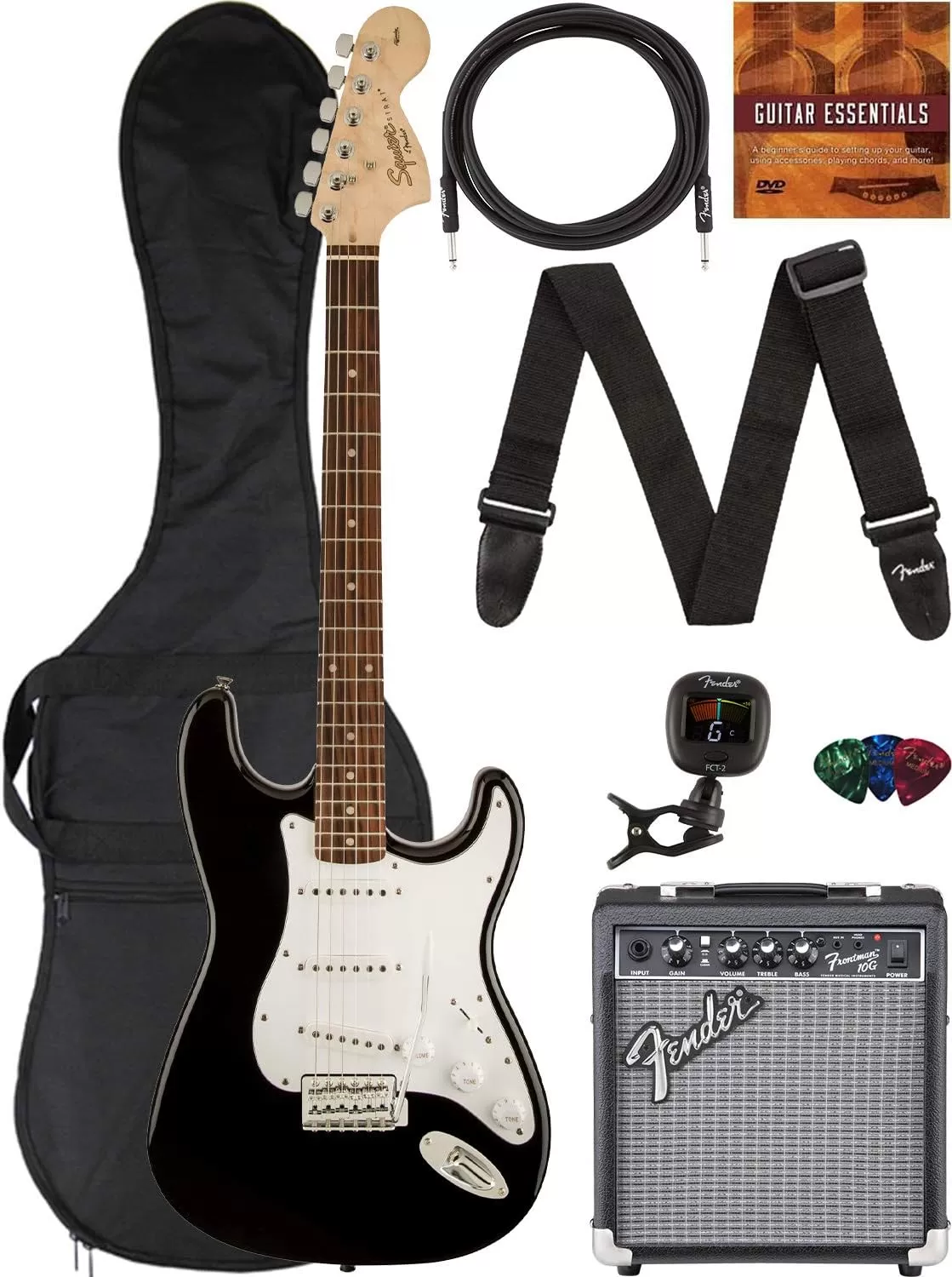 Fender Squier Stratocaster - Sunburst Bundle with Frontman 10G Amp, Gig Bag, Instrument Cable, Tuner, Strap, Picks, Fender Play Online Lessons, Instructional Book, and Austin Bazaar Instructional DVD