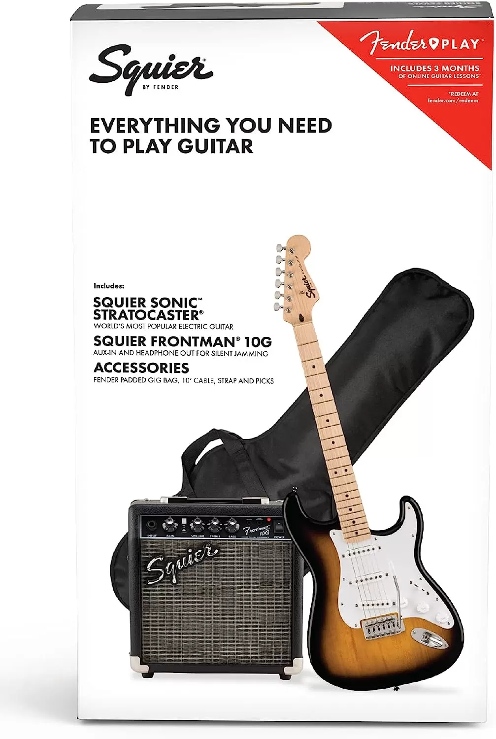 Fender Squier Stratocaster - Sunburst Bundle with Frontman 10G Amp, Gig Bag, Instrument Cable, Tuner, Strap, Picks, Fender Play Online Lessons, Instructional Book, and Austin Bazaar Instructional DVD