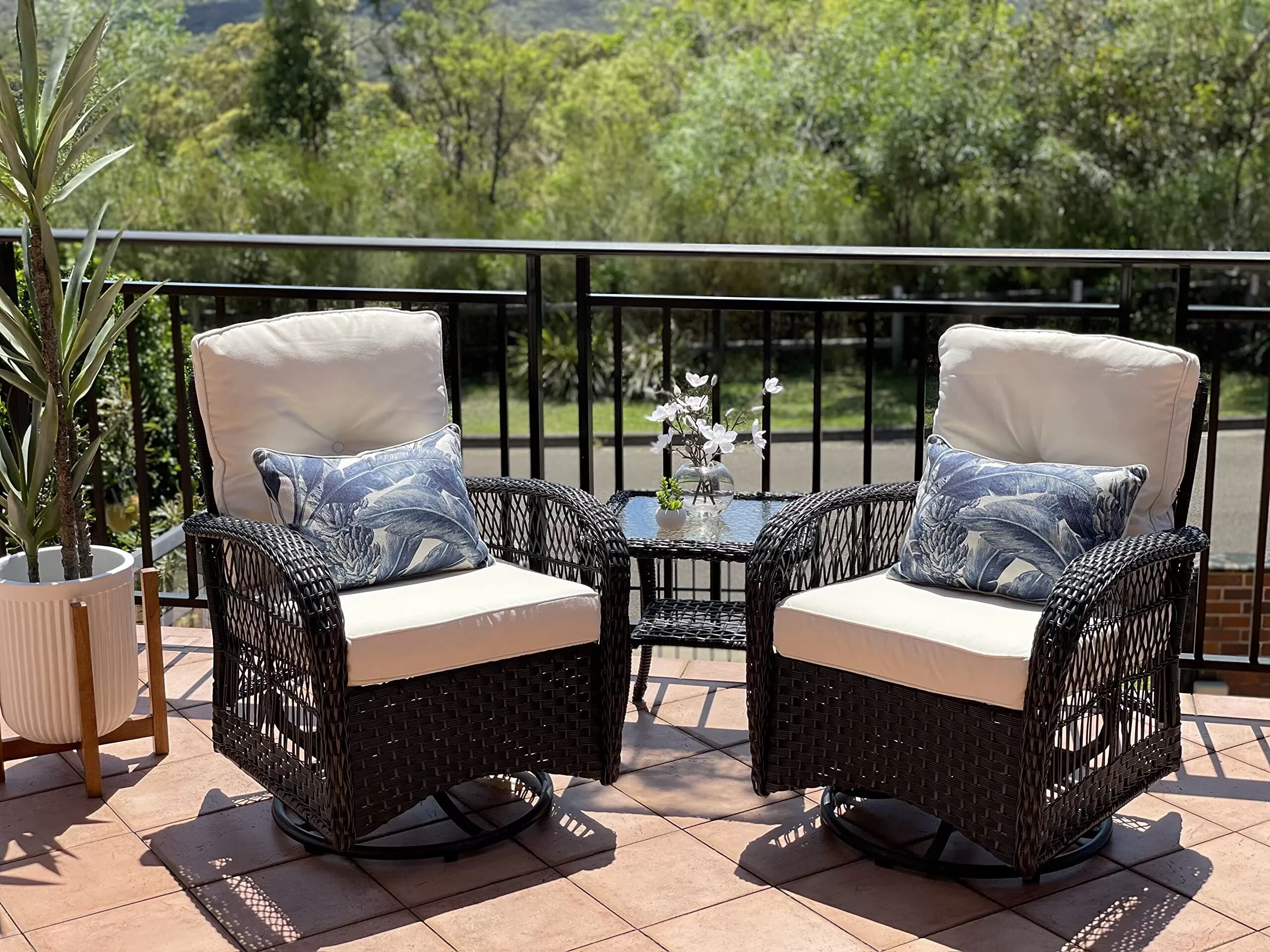 Outdoor Swivel Rocker Patio Chairs Set of 2 and Matching Side Table - 3 Piece Wicker Patio Bistro Set with Premium Fabric Cushions Outdoor Furniture (Dark Wicker Chair Beige Cushion)