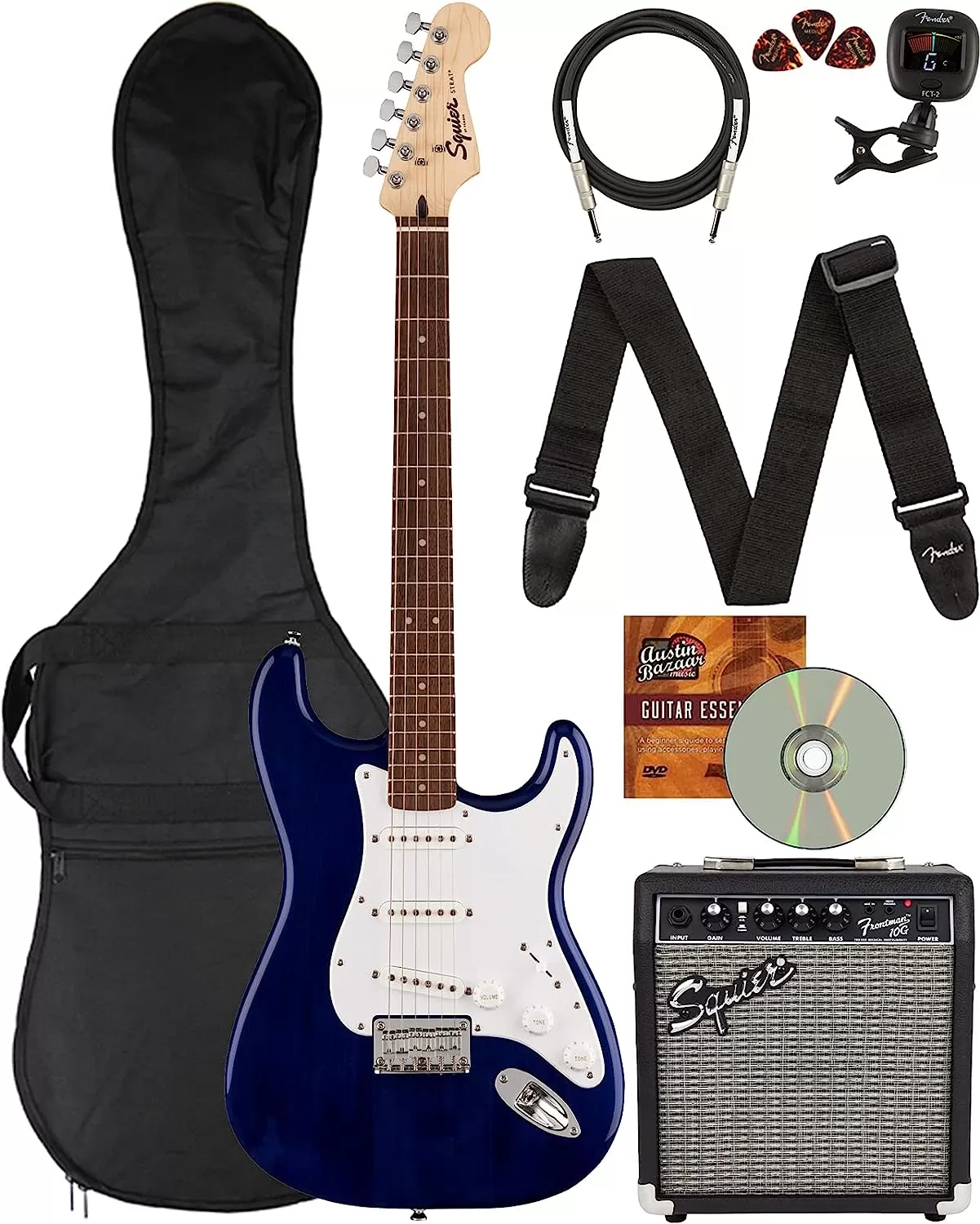 Fender Squier Stratocaster - Sunburst Bundle with Frontman 10G Amp, Gig Bag, Instrument Cable, Tuner, Strap, Picks, Fender Play Online Lessons, Instructional Book, and Austin Bazaar Instructional DVD