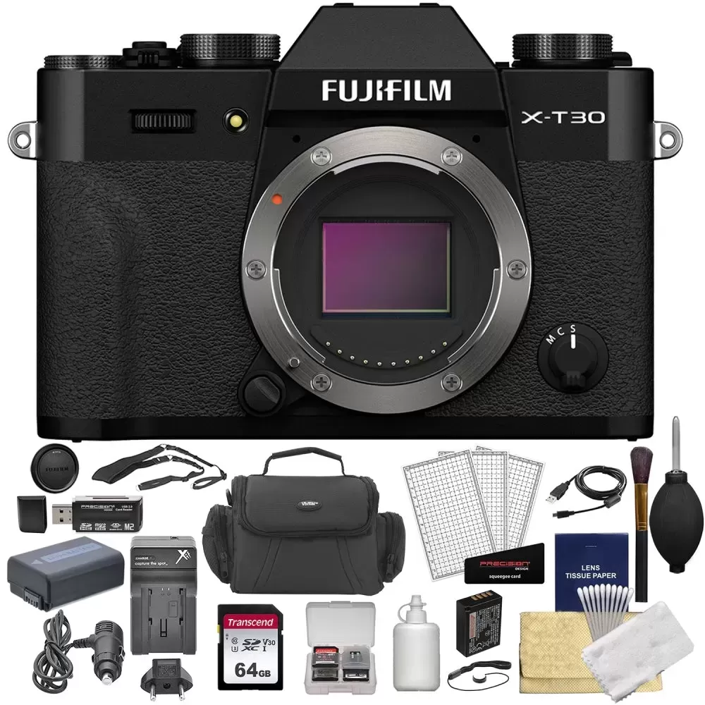 FUJIFILM X-T30 II Mirrorless Digital Camera | Body Only, Black + Cleaning Kit + Memory Card and Case + Screen Protectors + Camera Case + Memory Card Reader + Lens Cap Keeper + Spare Battery and Charger Bundle