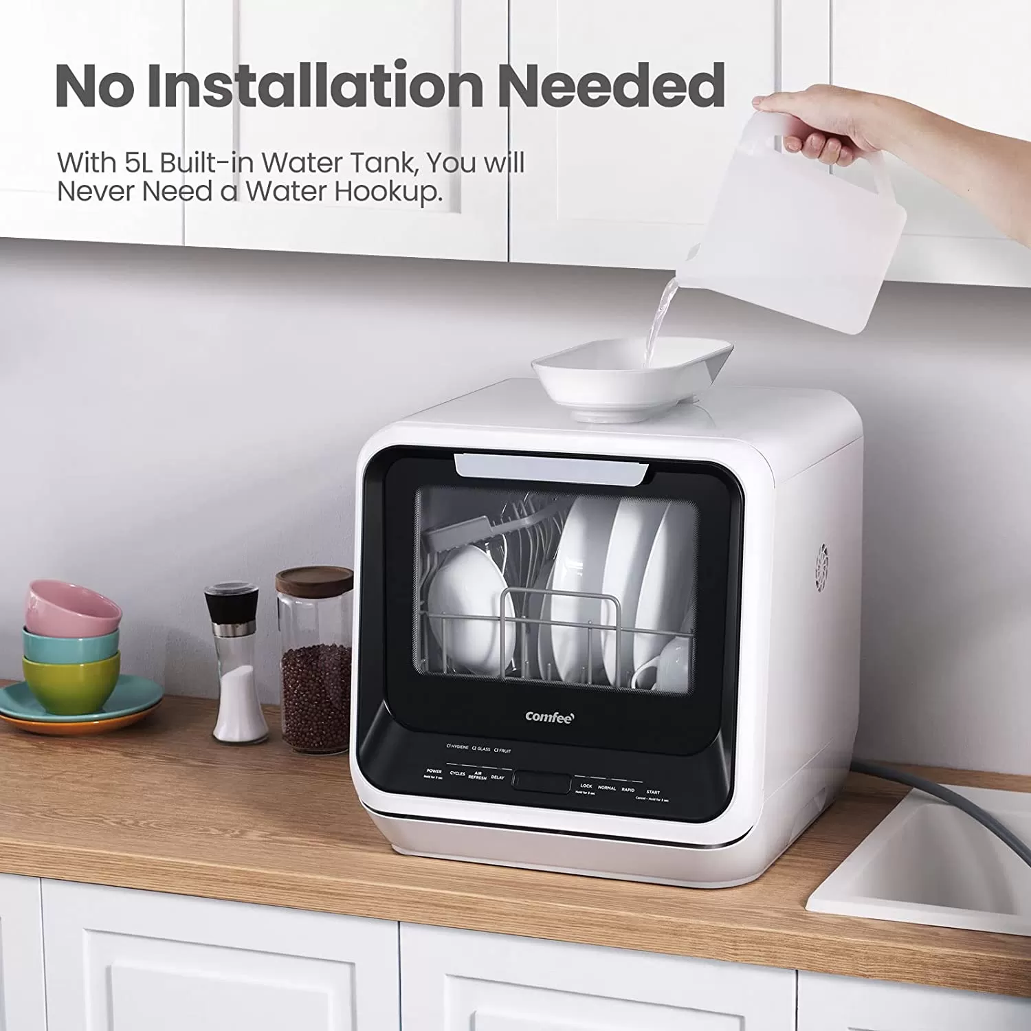 COMFEE' Portable Dishwasher Countertop, Mini Dishwasher with 5L Built-in Water Tank, No Hookup Needed, 6 Programs, 360° Dual Spray, 192°F High-Temp& Air-Dry Function, Dishwasher for Apartments& RVs
