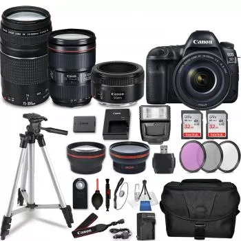 Canon EOS 5D Mark IV DSLR Camera With EF 24-105mm F/4L IS II USM Lens, 50mm F/1.8 STM Lens, 75-300mm F/4-5.6 III USM Lens And Accessory Bundle
