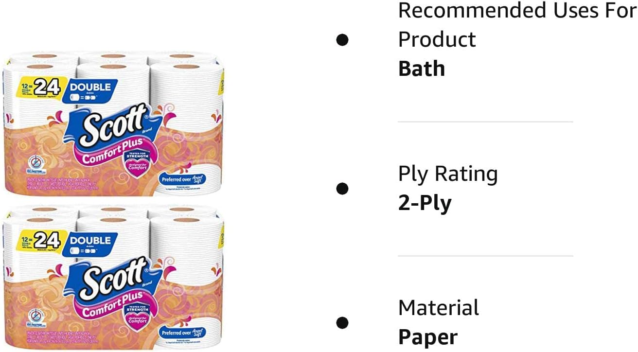 Scott ComfortPlus Toilet Paper, 12 Double Rolls, 231 Sheets per Roll, Septic-Safe, 1-Ply Toilet Tissue