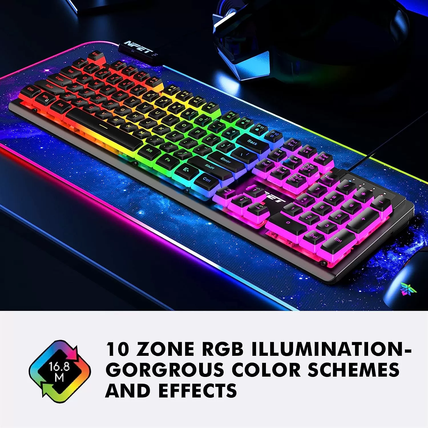 NPET K10 Wired Gaming Keyboard, LED Backlit, Spill-Resistant Design, Multimedia Keys, Quiet Silent USB Membrane Keyboard for Desktop, Computer, PC (Black)