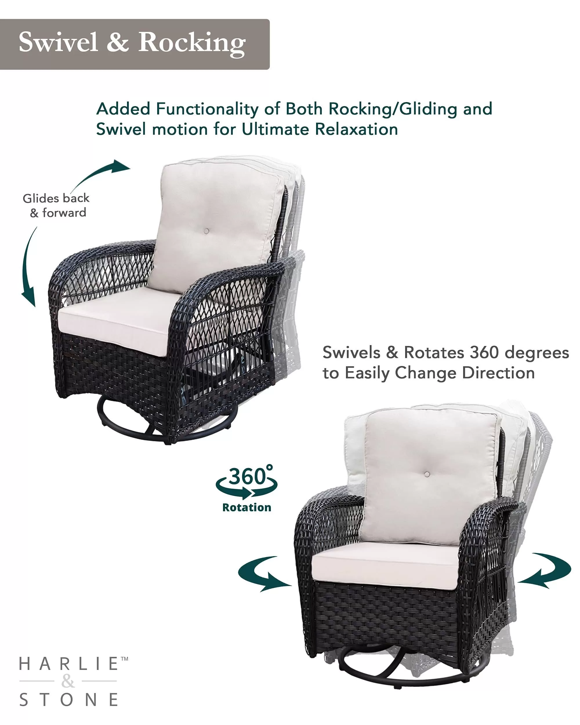 Outdoor Swivel Rocker Patio Chairs Set of 2 and Matching Side Table - 3 Piece Wicker Patio Bistro Set with Premium Fabric Cushions Outdoor Furniture (Dark Wicker Chair Beige Cushion)