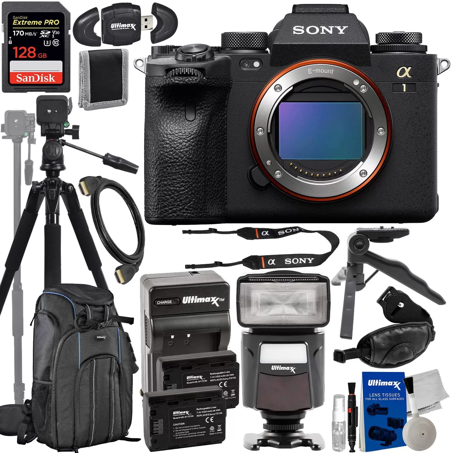 Sony A1 (Alpha 1) Mirrorless Camera (Body Only) + SanDisk 128GB Extreme Pro SDXC, 2X Extended Life Batteries, 2-in1 Lightweight 80â? Tripod/Monopod, Deluxe Camera Backpack & Much More (26pc Bundle)