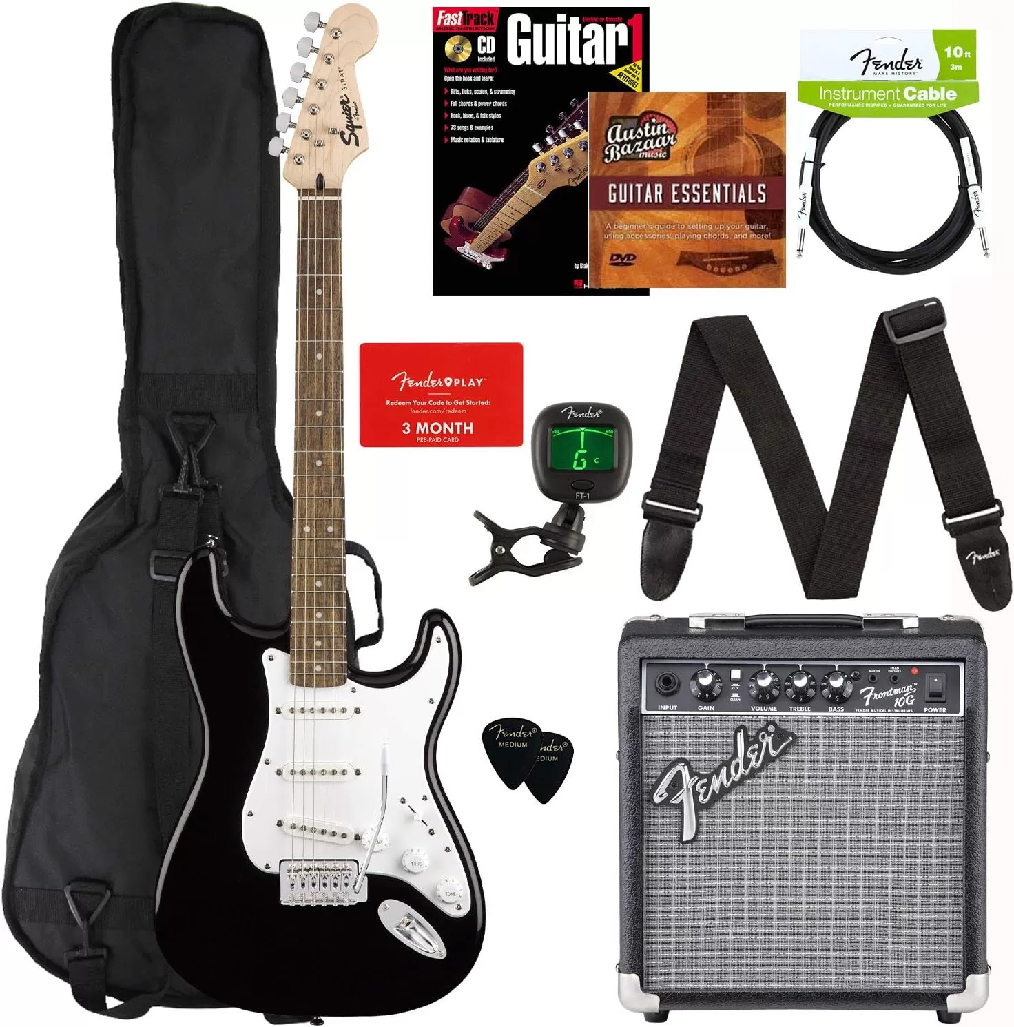 Fender Squier Stratocaster - Sunburst Bundle with Frontman 10G Amp, Gig Bag, Instrument Cable, Tuner, Strap, Picks, Fender Play Online Lessons, Instructional Book, and Austin Bazaar Instructional DVD