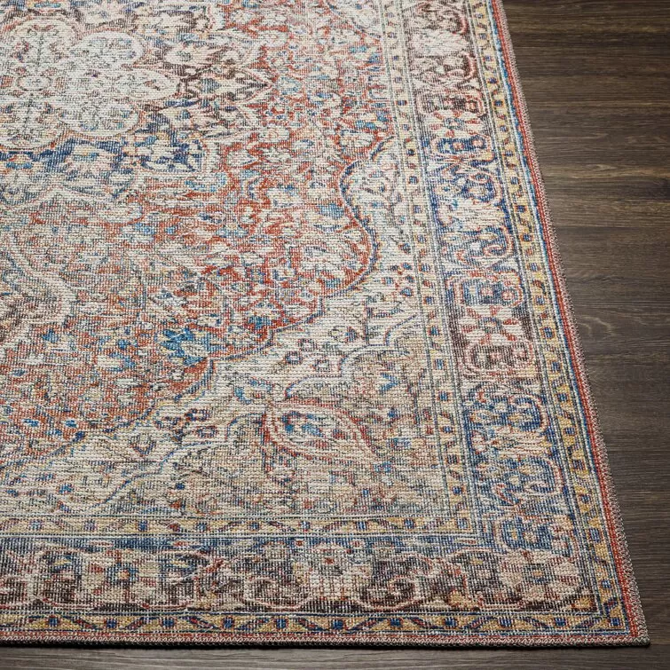Bria Machine Washable Oriental Red/Blue/Ivory Area Rug