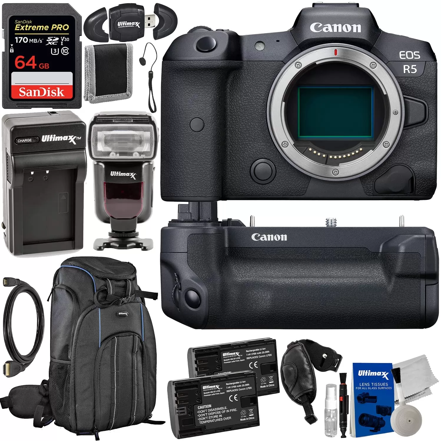 Canon EOS R5 Mirrorless Camera (Body Only) With WFT-R10A Wireless File Transmitter + SD 64GB Extreme Pro SDXC, 2X Extended Life Batteries & Much More (27pc Bundle)