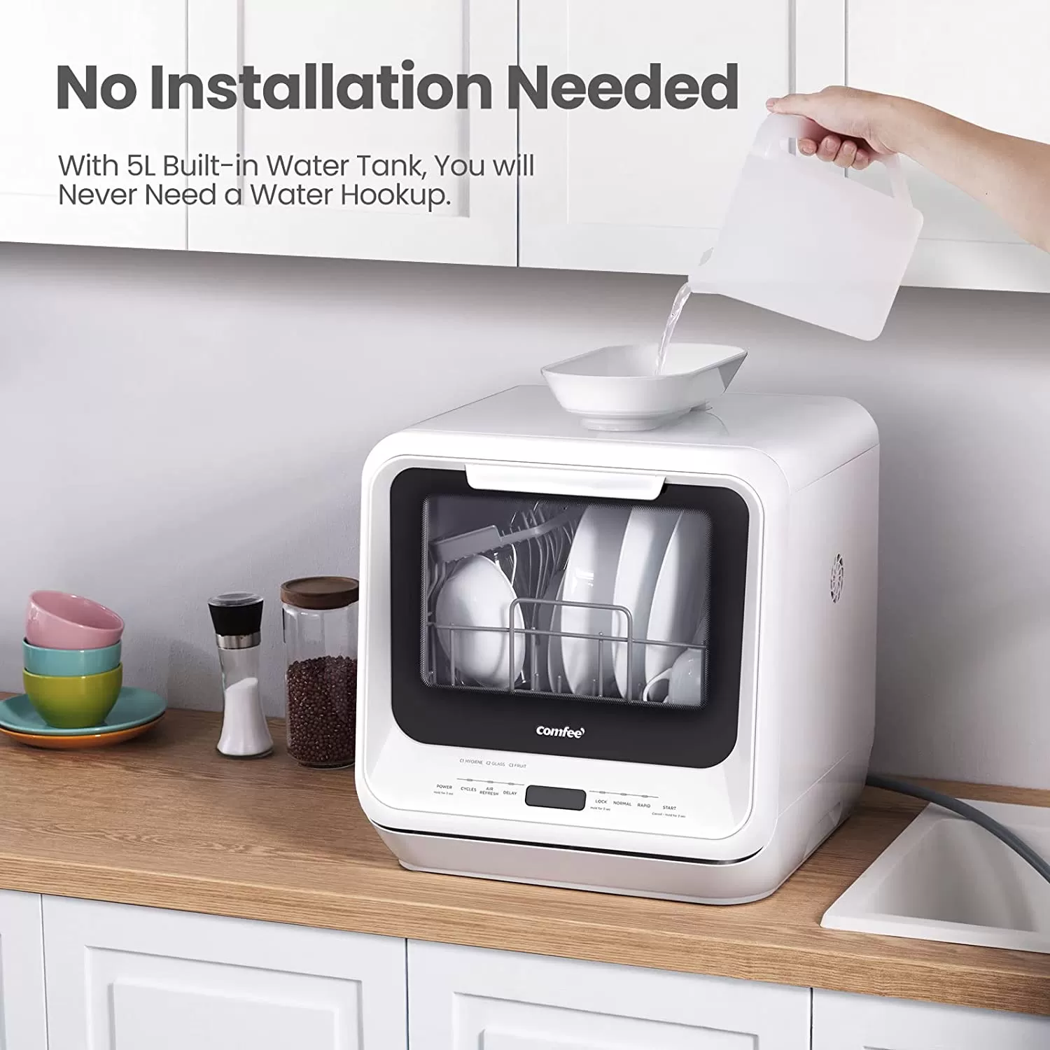 COMFEE' Portable Dishwasher Countertop, Mini Dishwasher with 5L Built-in Water Tank, No Hookup Needed, 6 Programs, 360° Dual Spray, 192°F High-Temp& Air-Dry Function, Dishwasher for Apartments& RVs