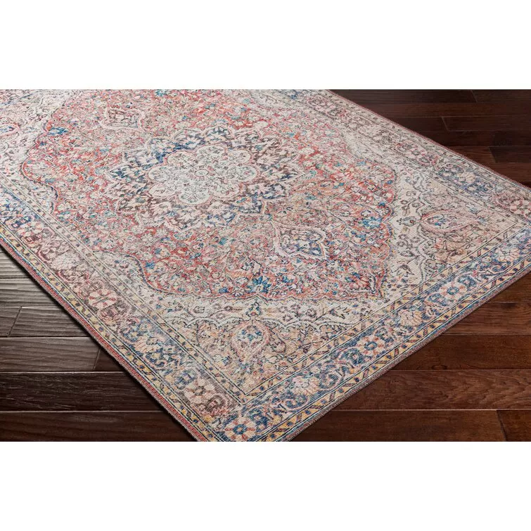 Bria Machine Washable Oriental Red/Blue/Ivory Area Rug