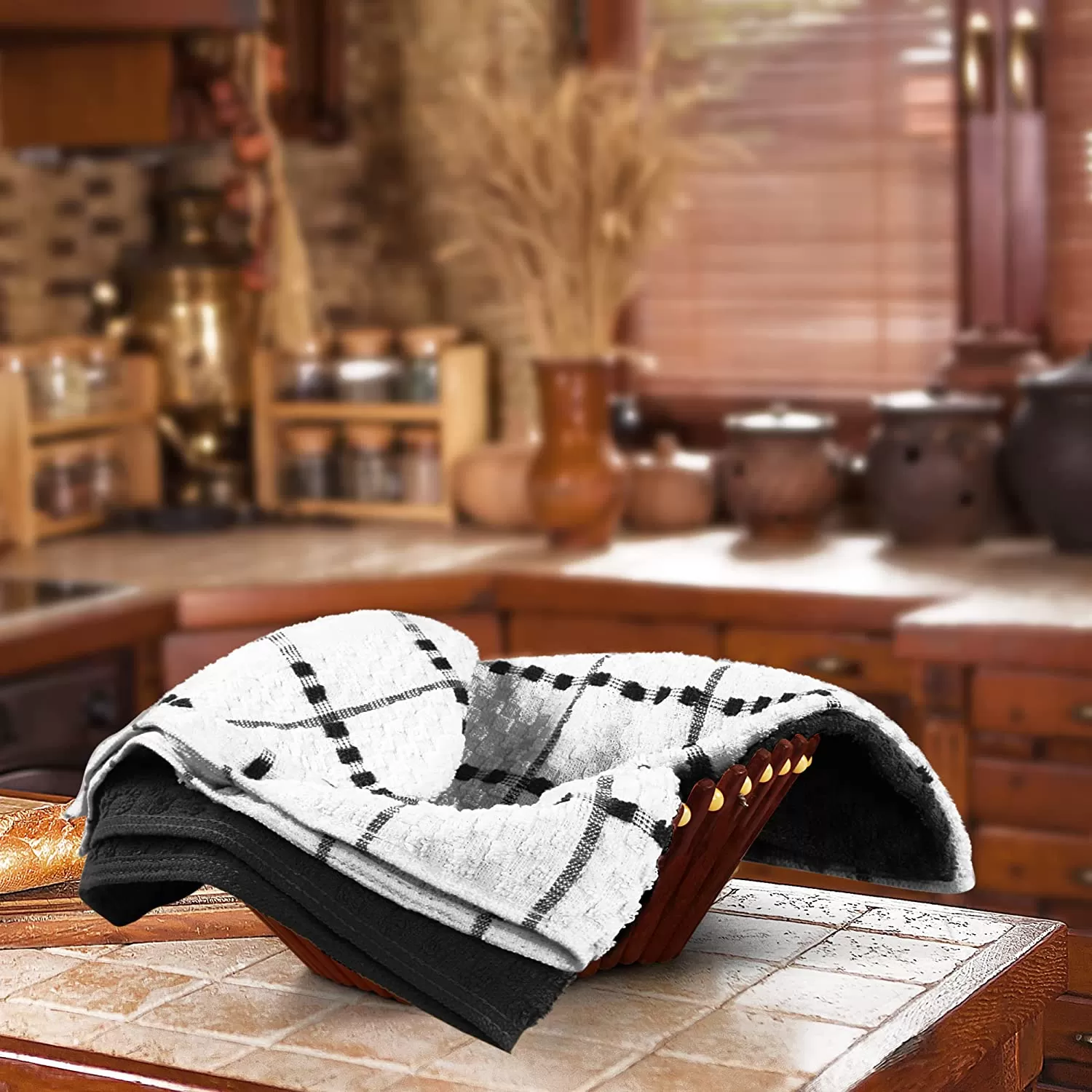 Kitchen Towels 12 Pack, 15 x 25 Inches, 100% Ring Spun Cotton Super Soft and Absorbent Linen Dish Towels, Tea Towels and Bar Towels Set (Black)