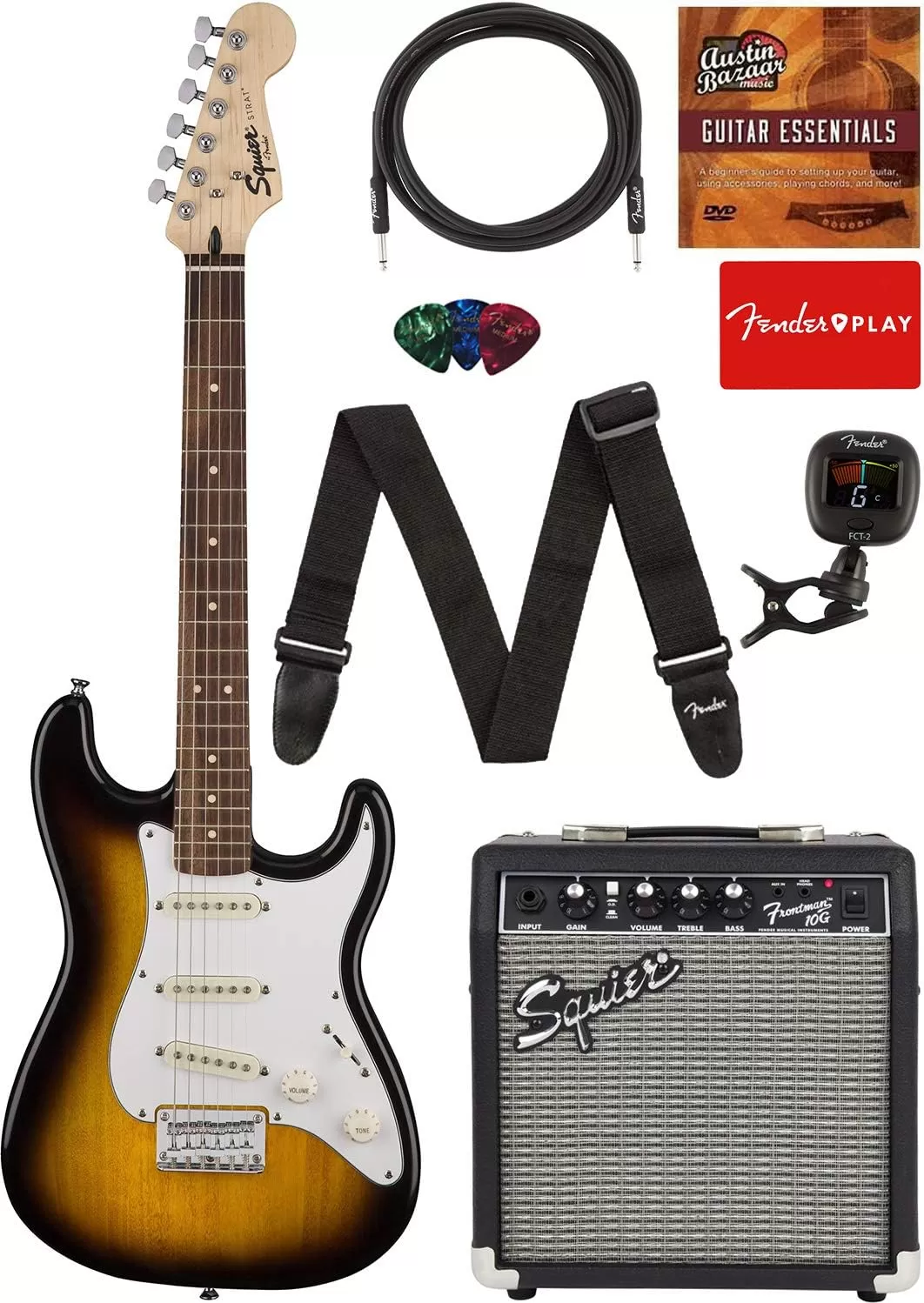 Fender Squier Stratocaster - Sunburst Bundle with Frontman 10G Amp, Gig Bag, Instrument Cable, Tuner, Strap, Picks, Fender Play Online Lessons, Instructional Book, and Austin Bazaar Instructional DVD