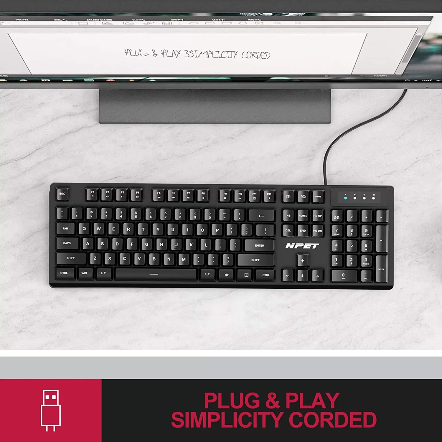 NPET K10 Wired Gaming Keyboard, LED Backlit, Spill-Resistant Design, Multimedia Keys, Quiet Silent USB Membrane Keyboard for Desktop, Computer, PC (Black)