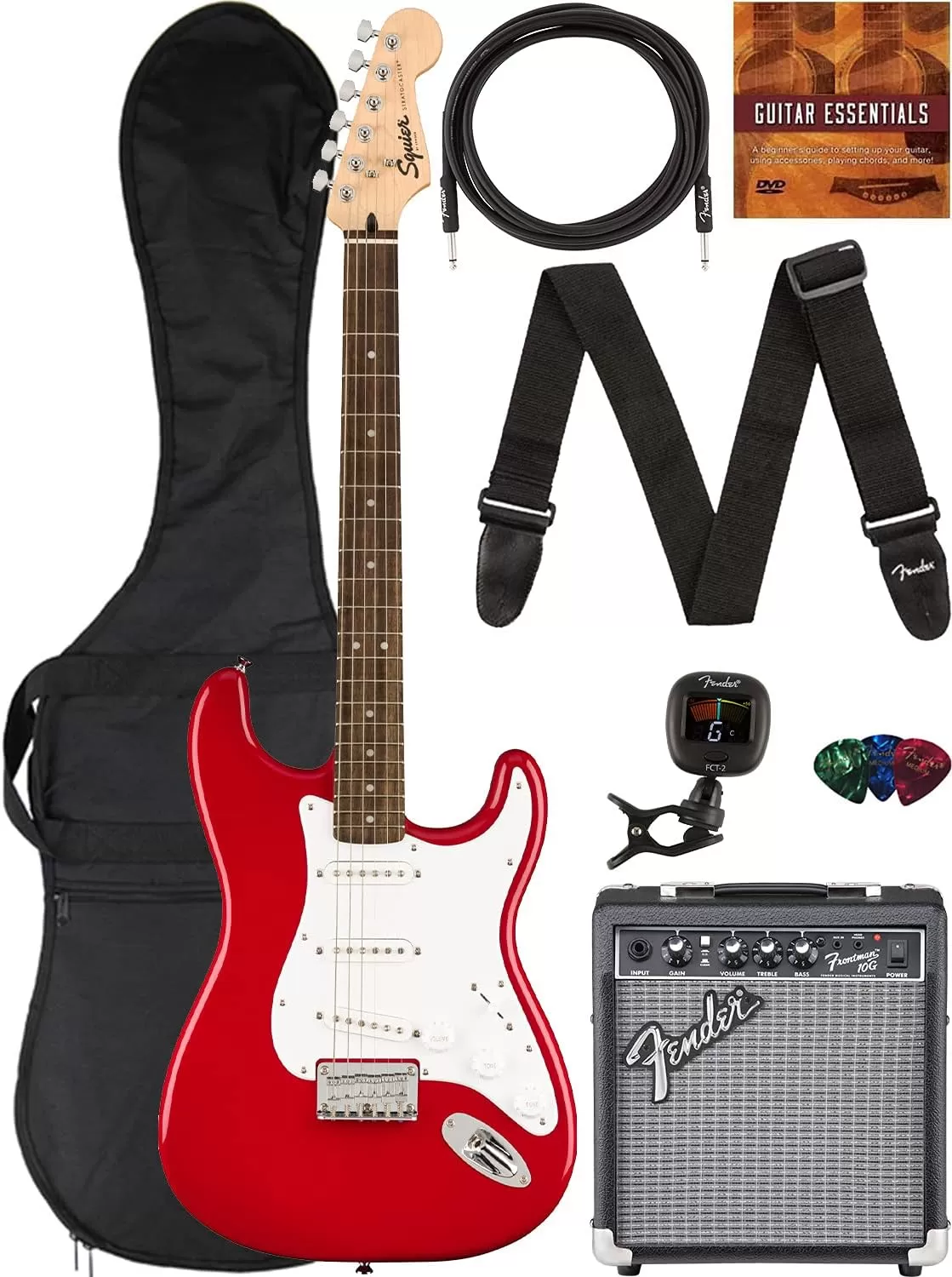 Fender Squier Stratocaster - Sunburst Bundle with Frontman 10G Amp, Gig Bag, Instrument Cable, Tuner, Strap, Picks, Fender Play Online Lessons, Instructional Book, and Austin Bazaar Instructional DVD