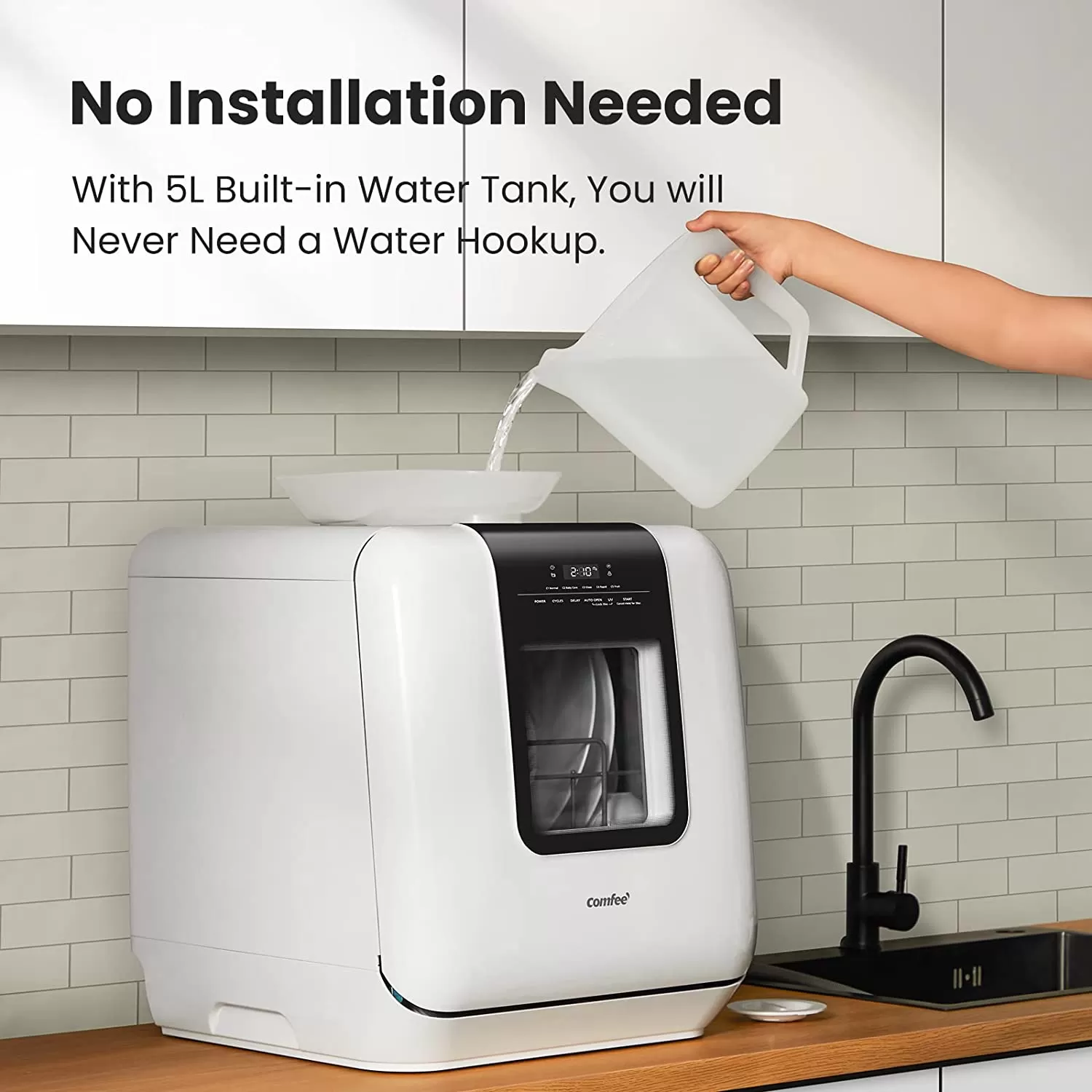 COMFEE' Portable Dishwasher Countertop, Mini Dishwasher with 5L Built-in Water Tank, No Hookup Needed, 6 Programs, 360° Dual Spray, 192°F High-Temp& Air-Dry Function, Dishwasher for Apartments& RVs