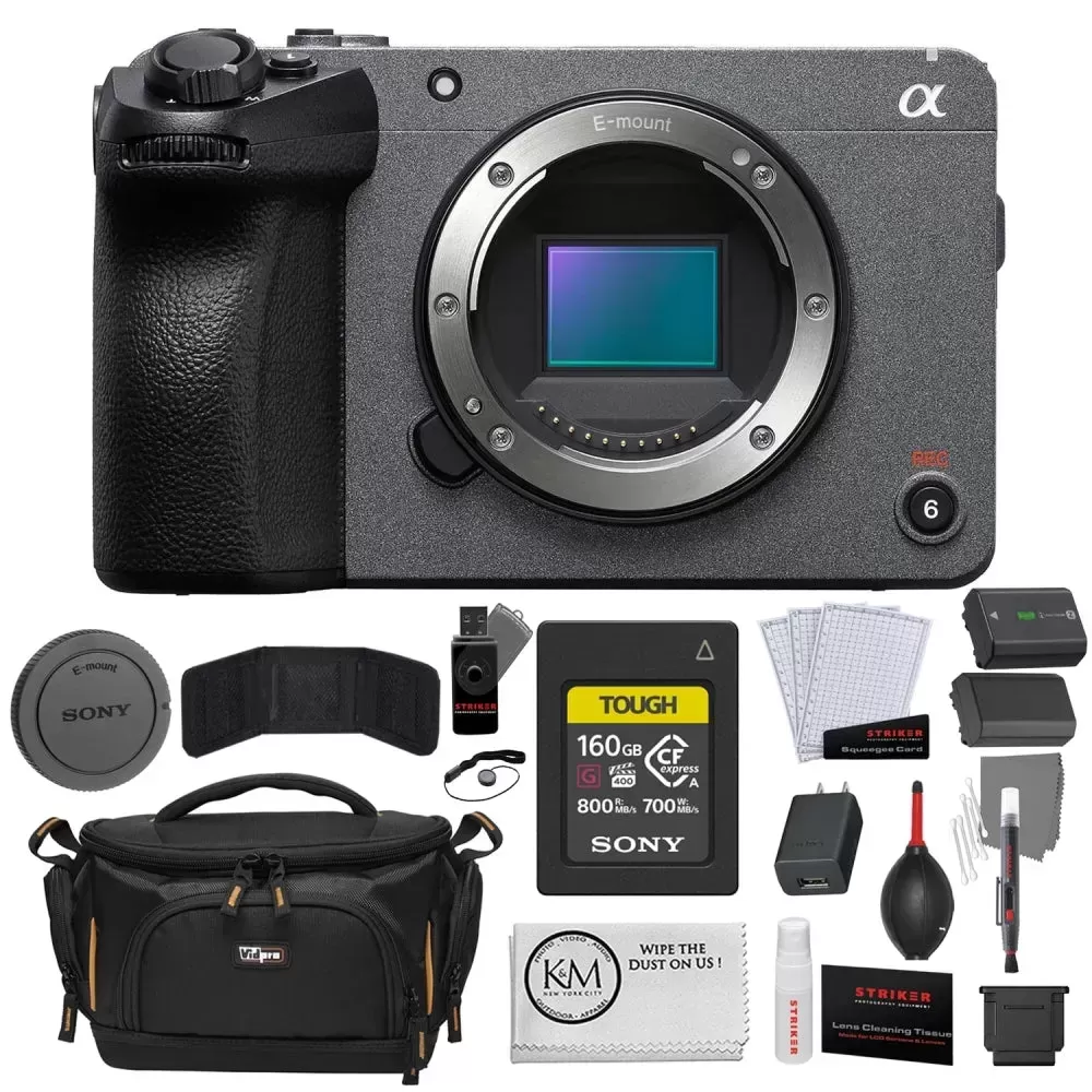 Sony FX30 Digital Cinema Camera + 160GB TOUGH Memory Card + NP-FZ100 Battery + Striker Photo Kit + Vidpro TL-50 Camera Case + Microfiber Cleaning Cloth Bundle