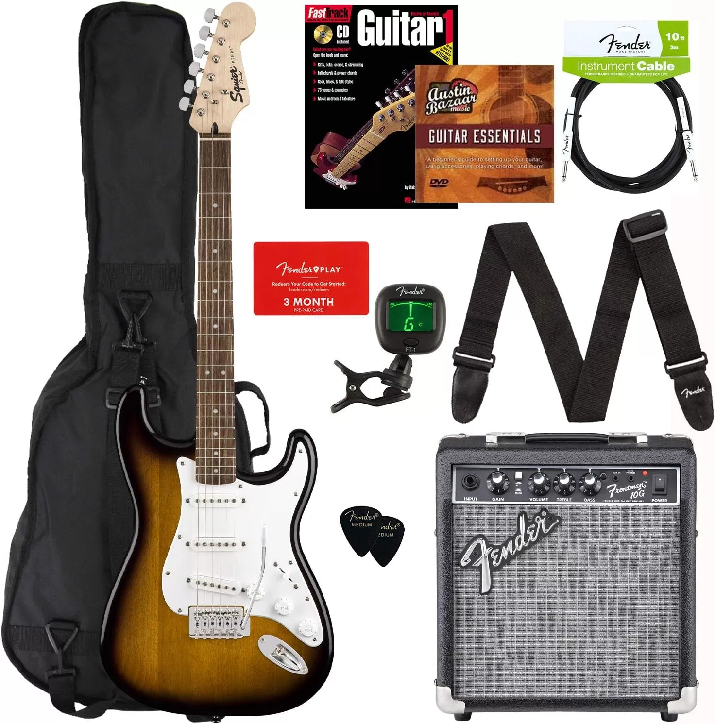 Fender Squier Stratocaster - Sunburst Bundle with Frontman 10G Amp, Gig Bag, Instrument Cable, Tuner, Strap, Picks, Fender Play Online Lessons, Instructional Book, and Austin Bazaar Instructional DVD