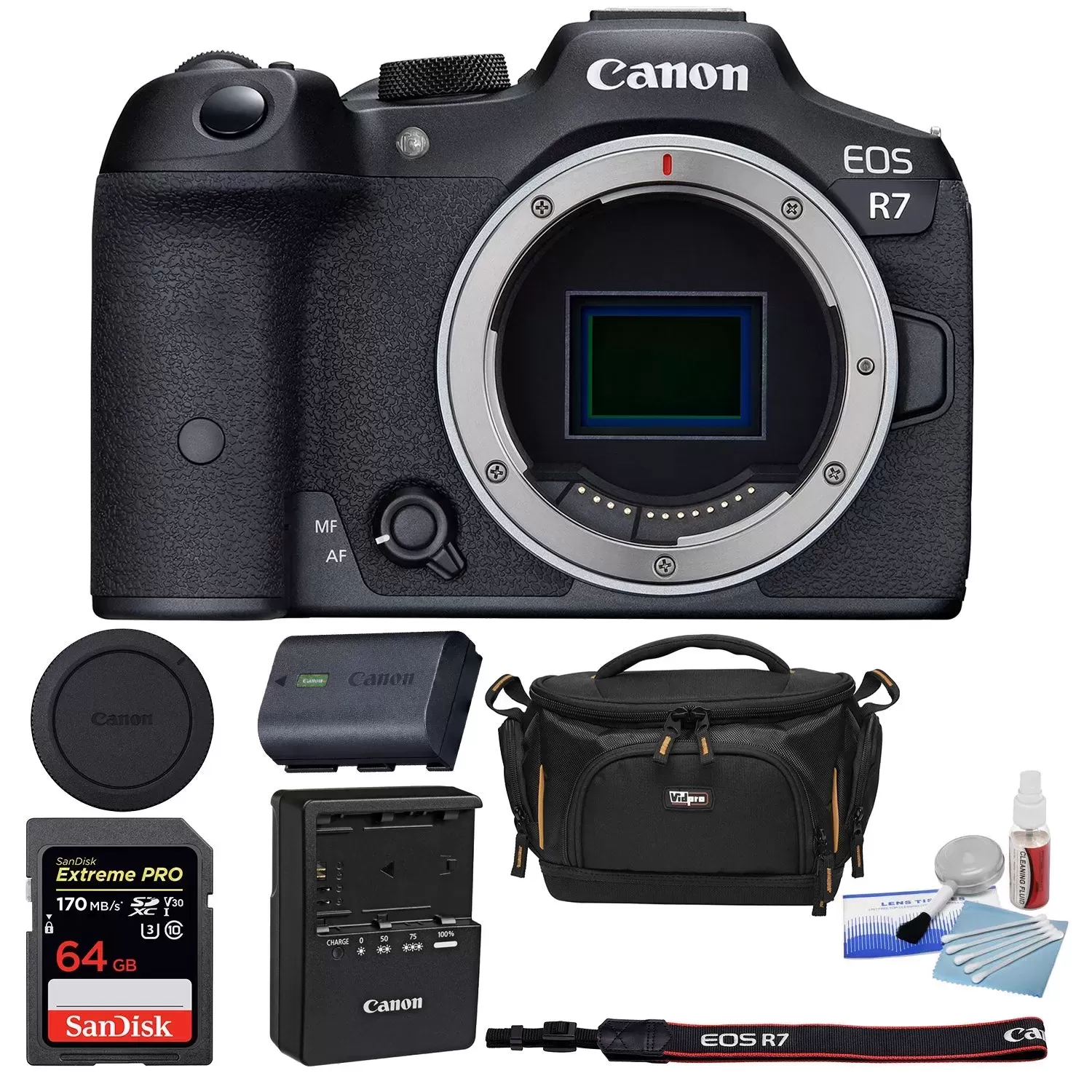 Canon EOS R7 Mirrorless Camera + Digital Camera Case + 64GB Memory Card + 5-Piece Lens Cleaning Kit Bundle