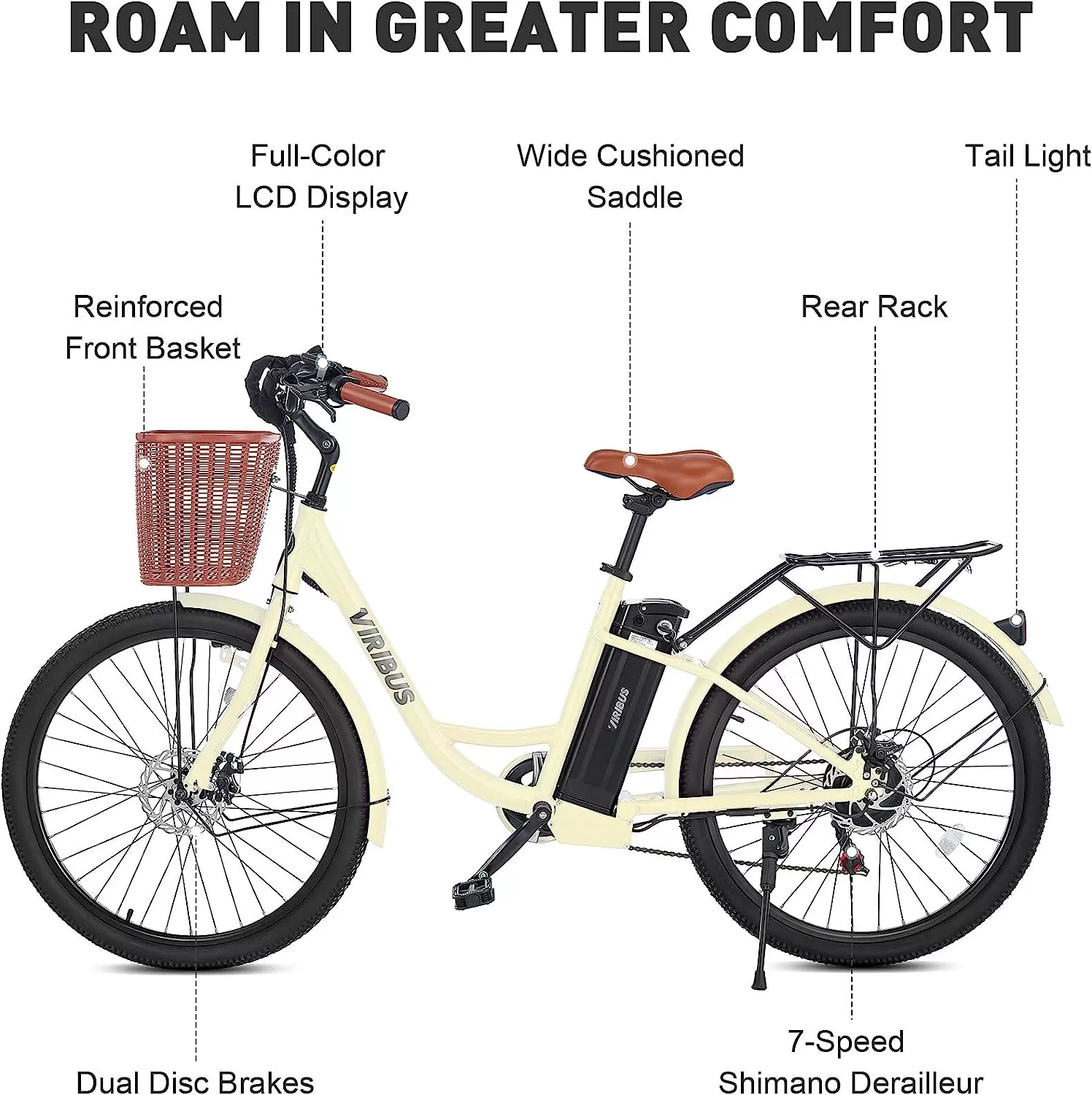 Viribus Electric Bike, Electric Cruiser Bike Adults Women, 25mph 40+ Mile Range 26