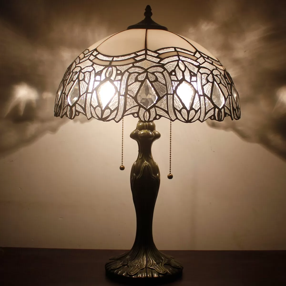 Tiffany Style Table Lamp Stained Glass White Crystal Shade Metal Base 24